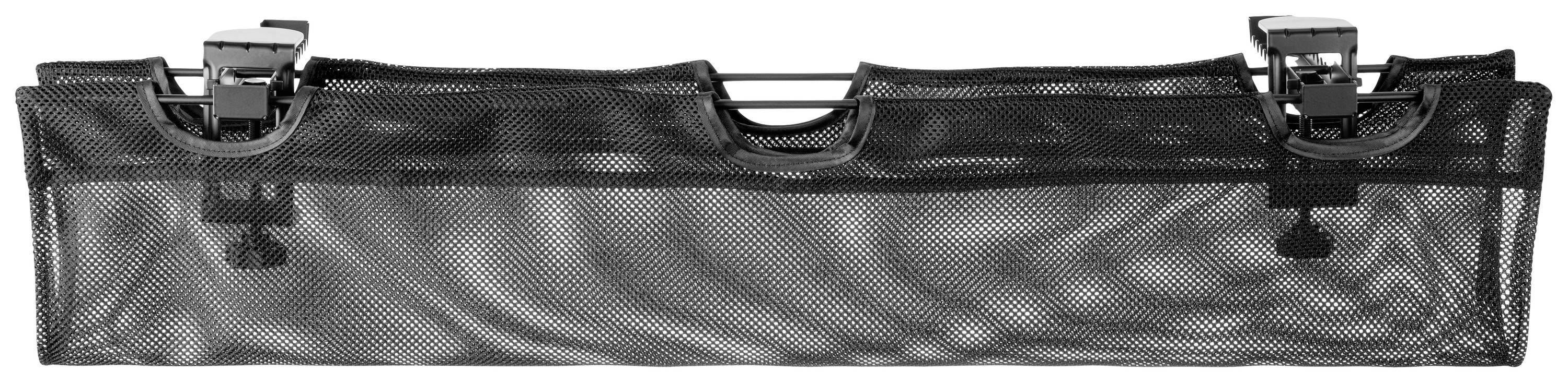 Sac de rangement en filet noir avec deux clips de fixation. Idéal pour ranger de petits objets dans la voiture ou dans d'autres espaces.