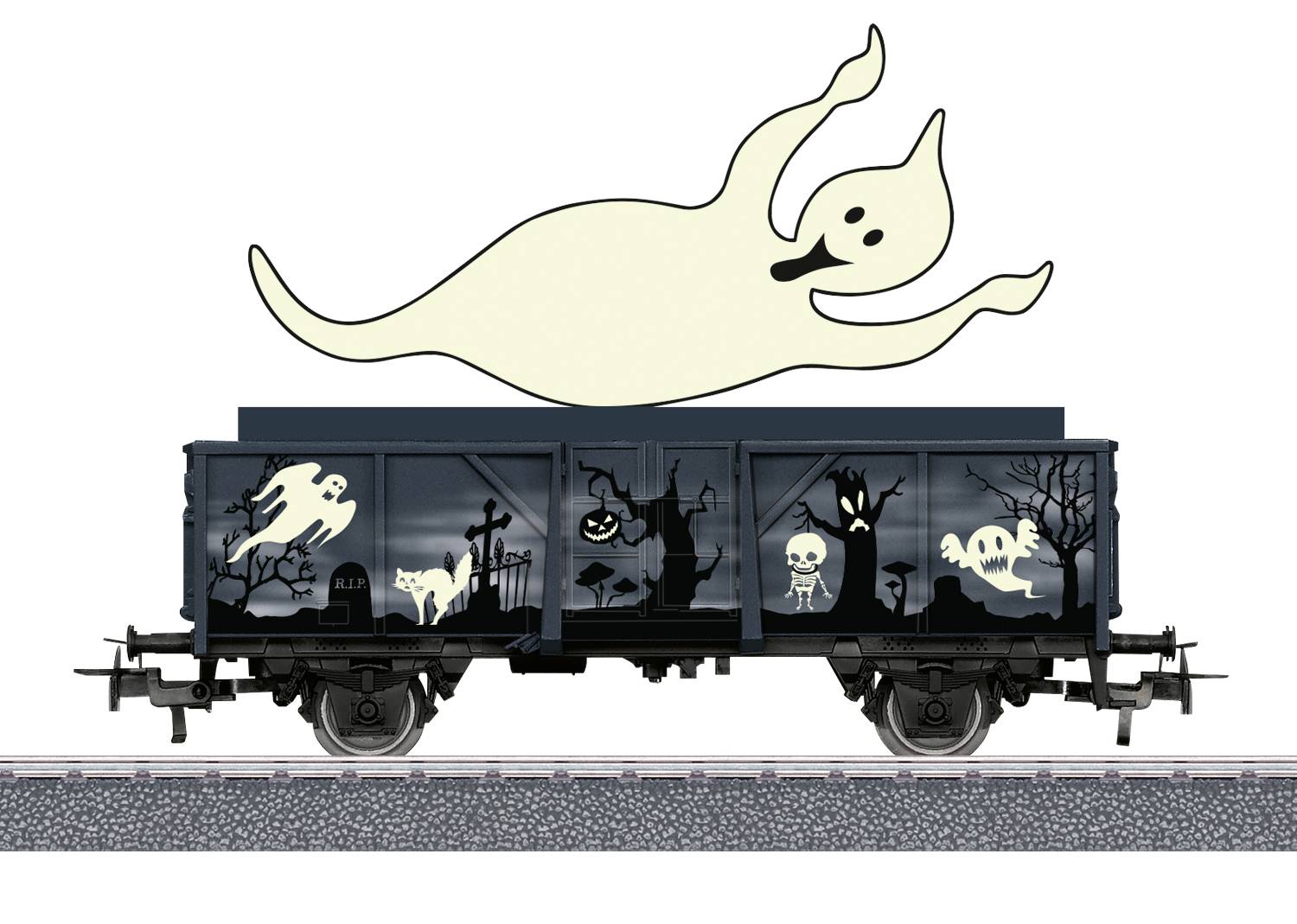 Une voiture de train fantôme avec différents motifs de fantômes et d'Halloween, comprenant un fantôme flottant, des arbres hantés et des citrouilles.