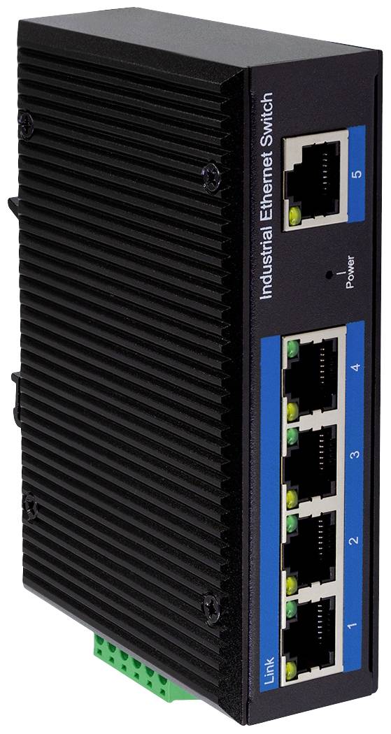 'Commutateur Ethernet industriel à cinq ports avec voyants LED pour l'état de liaison et d'alimentation, boîtier noir.'