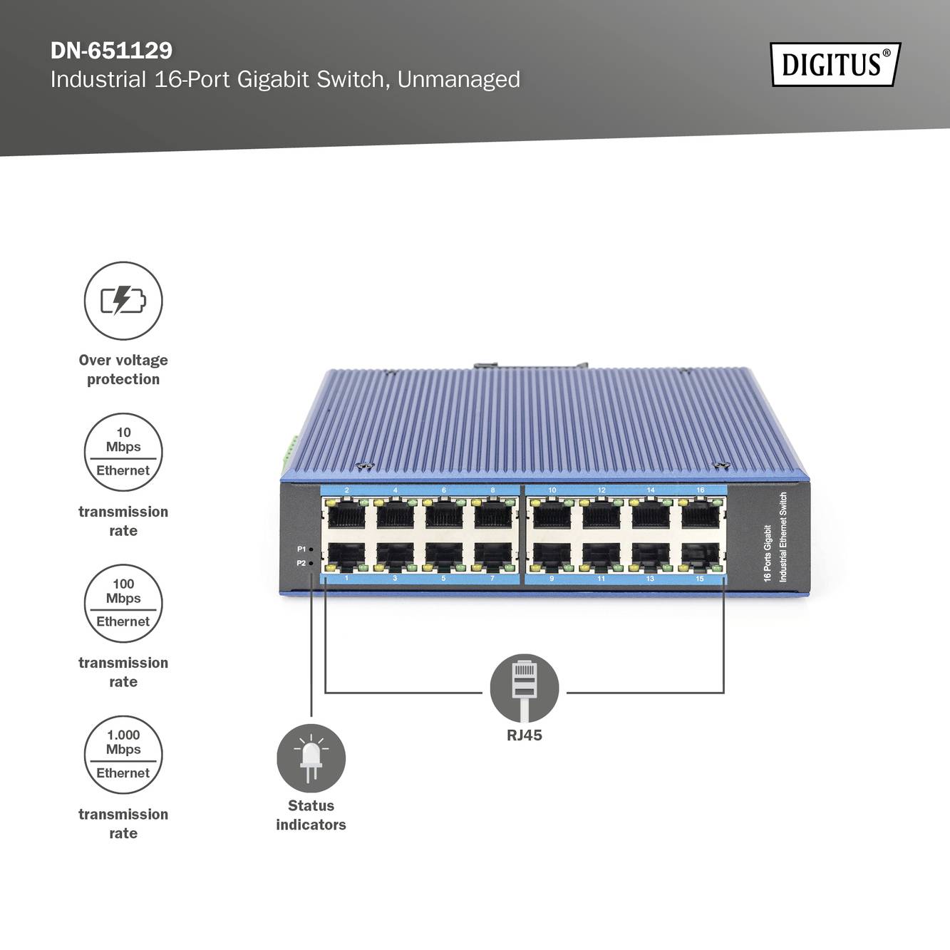 Commutateur Ethernet industriel Digitus DN-651129 16 ports 10 / 100 / 1000 MBit/s
