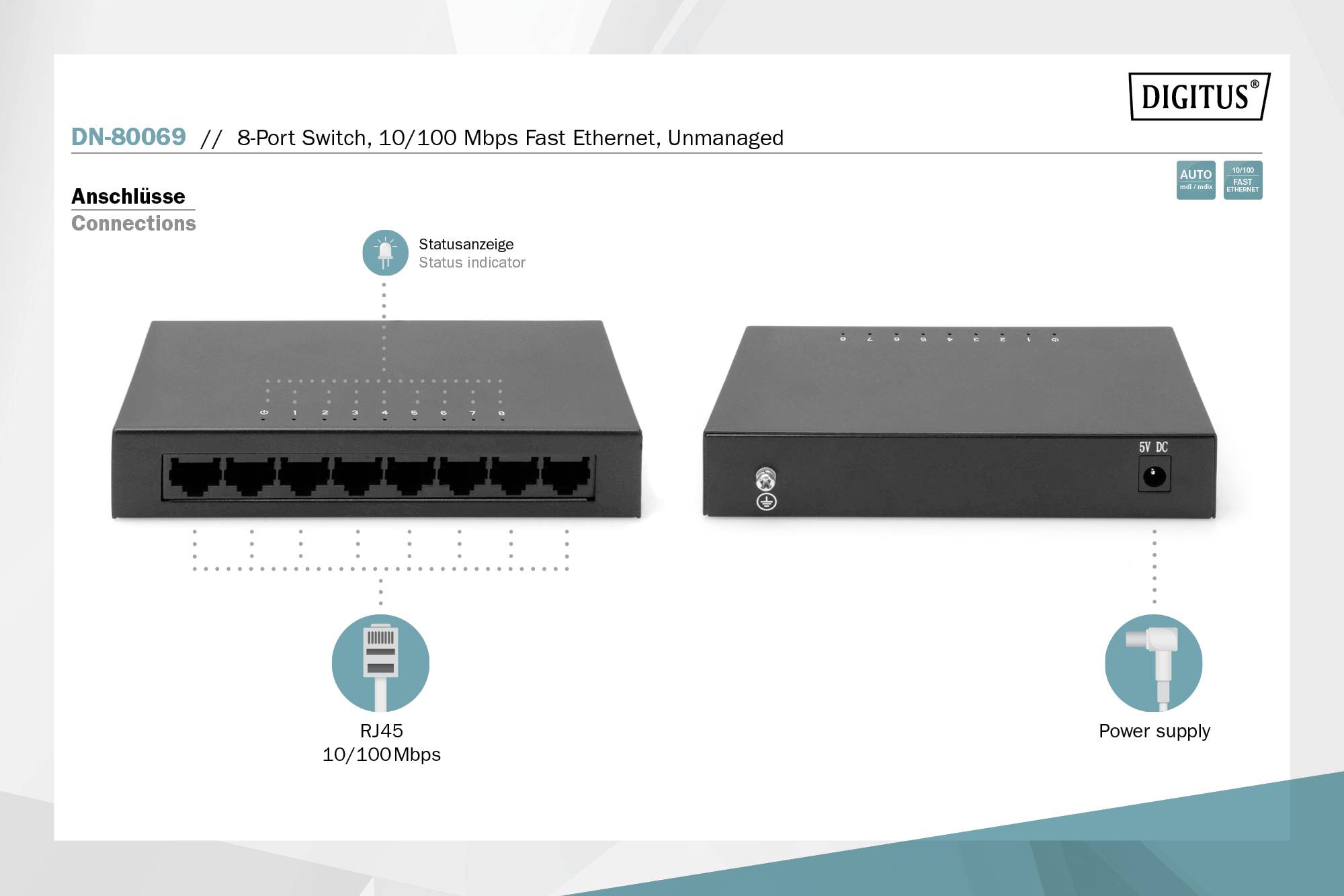 Switch réseau RJ45 Digitus DN-80069 8 ports 10 / 100 MBit/s