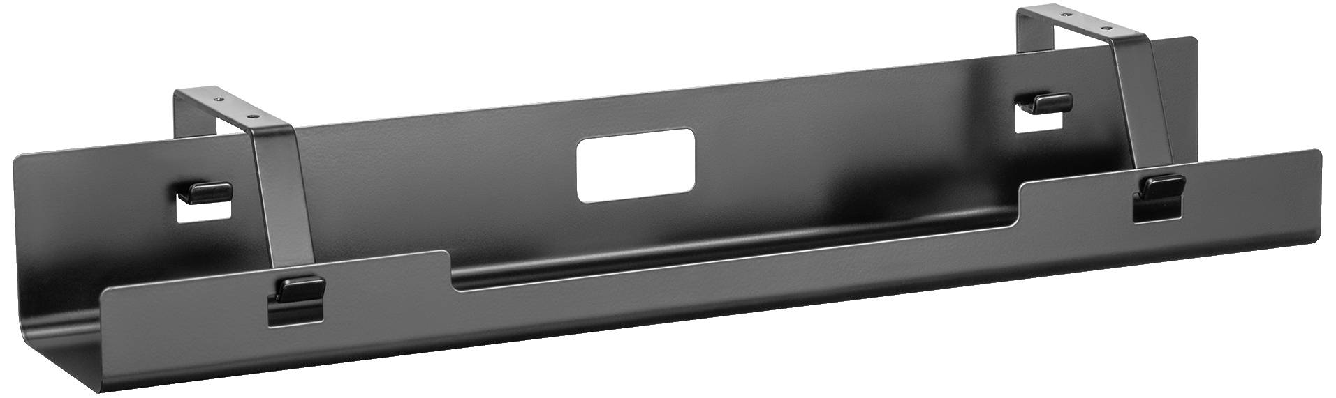 Support métallique noir avec une découpe rectangulaire au centre, probablement destiné à être fixé sur un mur ou une étagère.