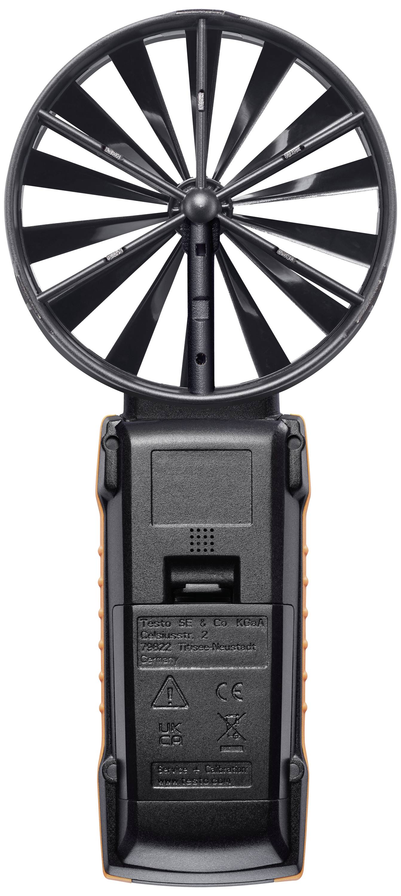 Anémomètre portable avec une grande roue à ailettes noire pour mesurer la vitesse du vent. Le dos présente des détails techniques.