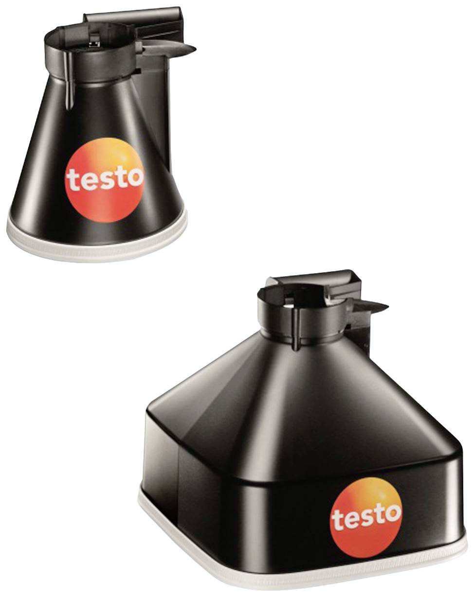 Deux embouts noirs en forme d'entonnoir portant le logo 'testo', utilisés pour mesurer la qualité de l'air dans les bâtiments.