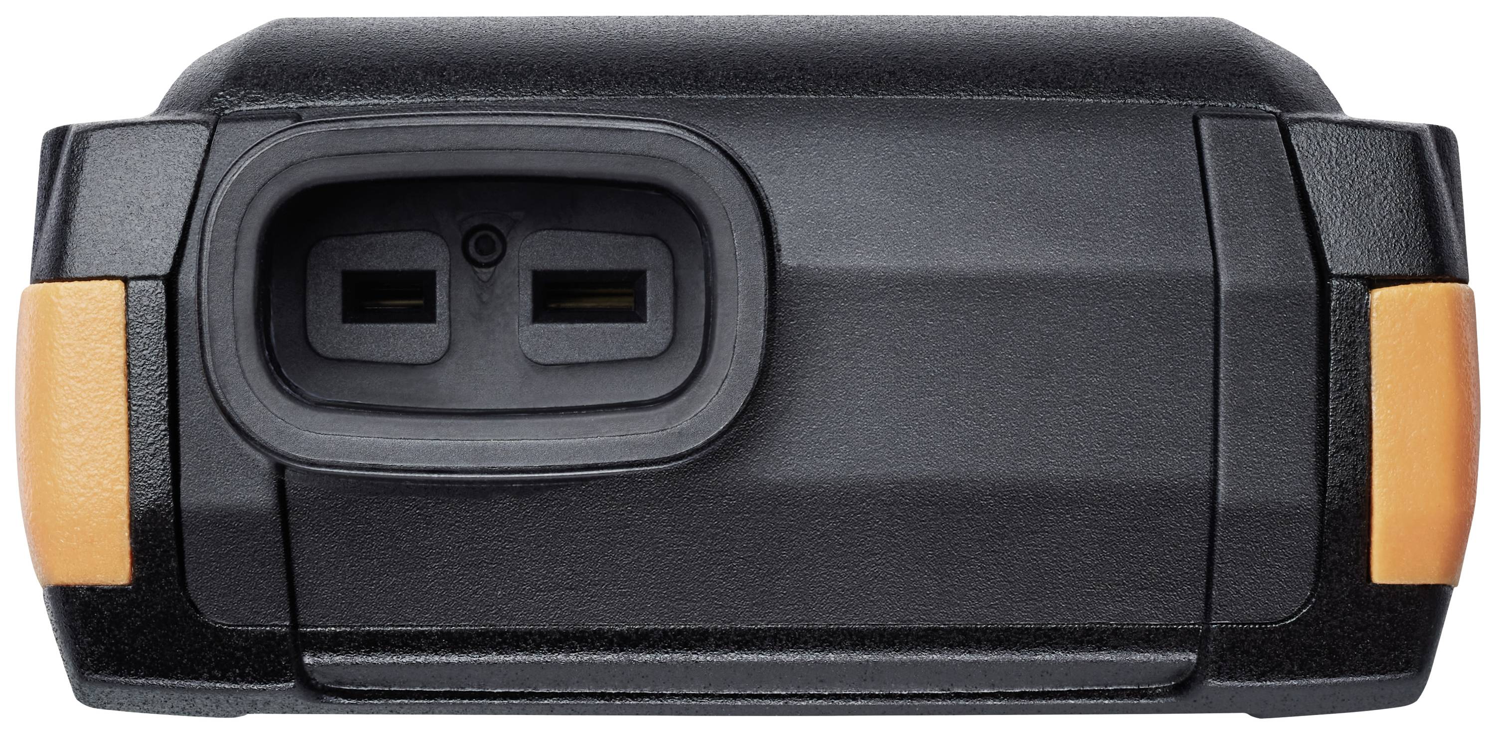 Une batterie noire, rectangulaire, avec deux parties latérales orange et un port de charge rectangulaire situé au centre du dessus.