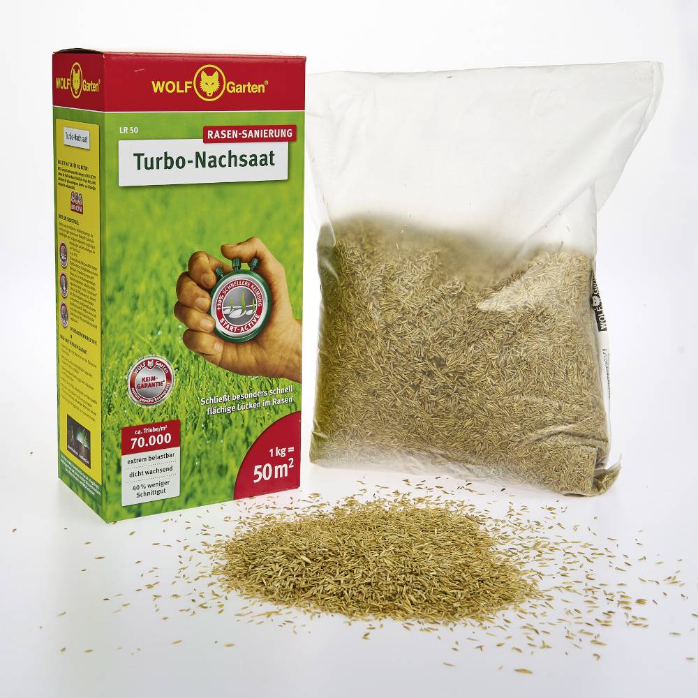 Emballage de graines de gazon WOLF-Garten Turbo-Semis-Réparation à côté d'un sachet ouvert de semences. Texte sur la boîte : 'Rénovation de pelouse'