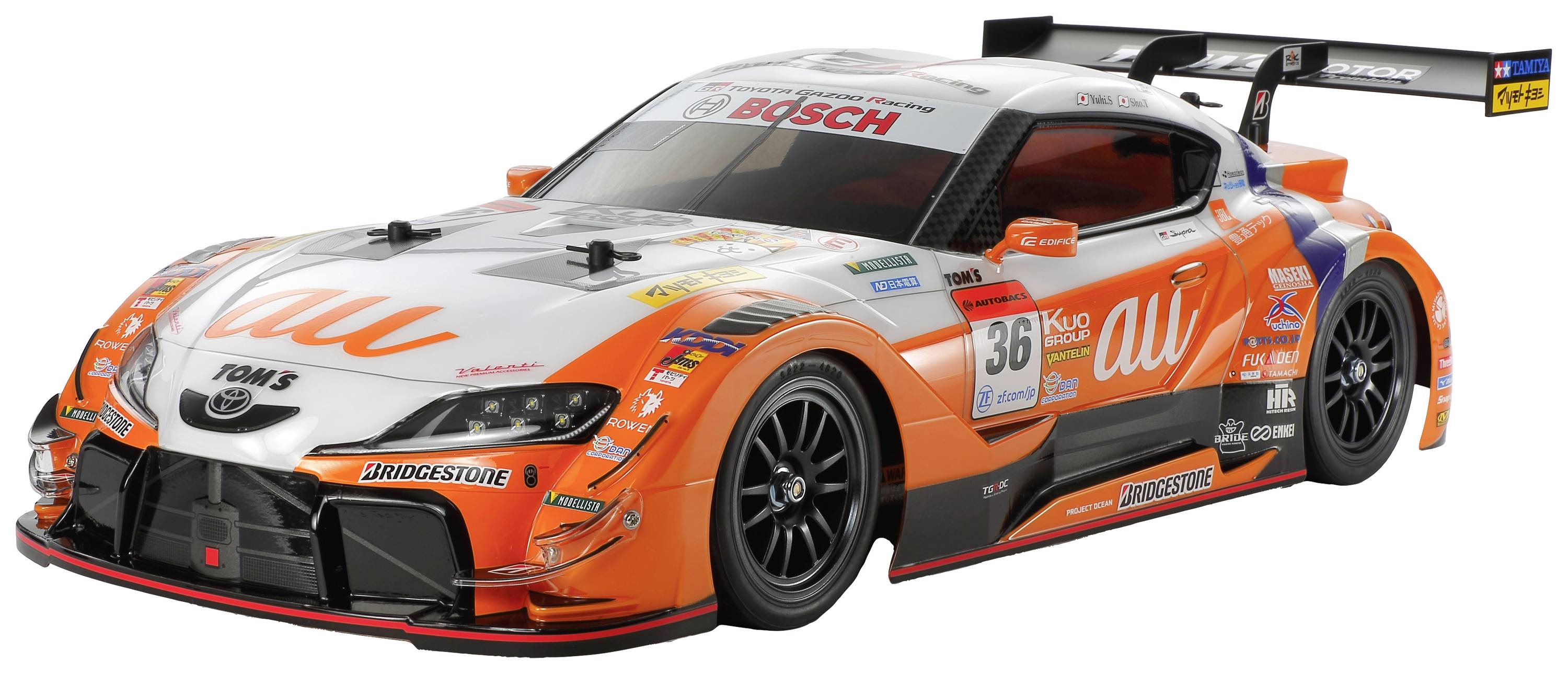 Une voiture de course orange et blanche avec divers logos de sponsors, axée sur la vitesse et les performances, sur un fond neutre.