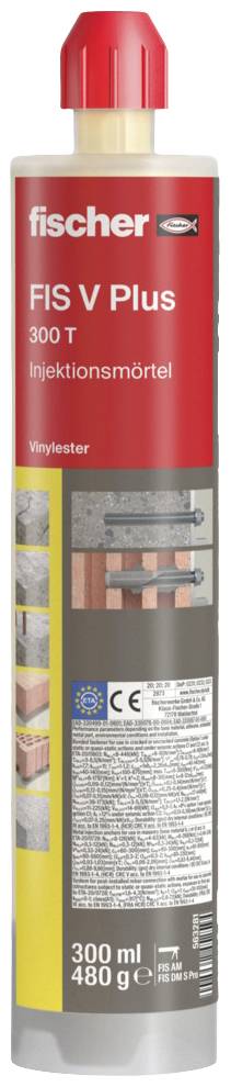 Cartouche de mortier d'injection 'FIS V Plus 300 T' de fischer, 300 ml. Montre l'application dans la maçonnerie. Avec marquage CE.