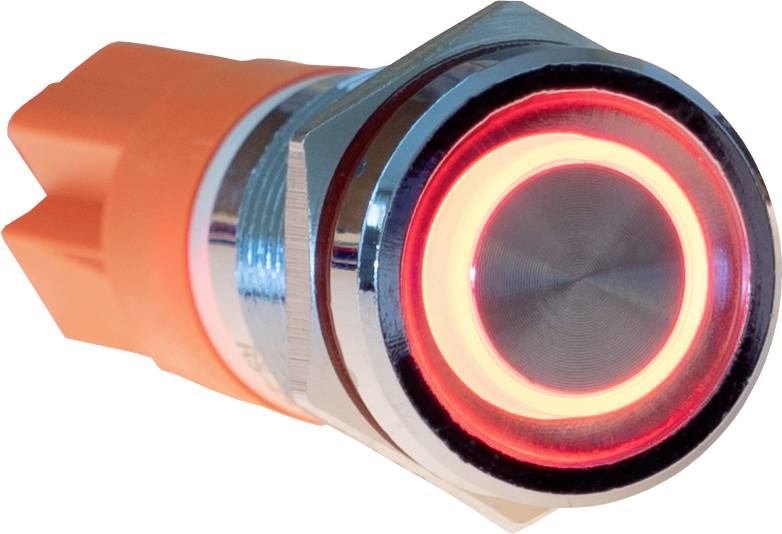 Un bouton rouge lumineux avec un cadre en métal et un dos orange. Le bouton semble être activé.