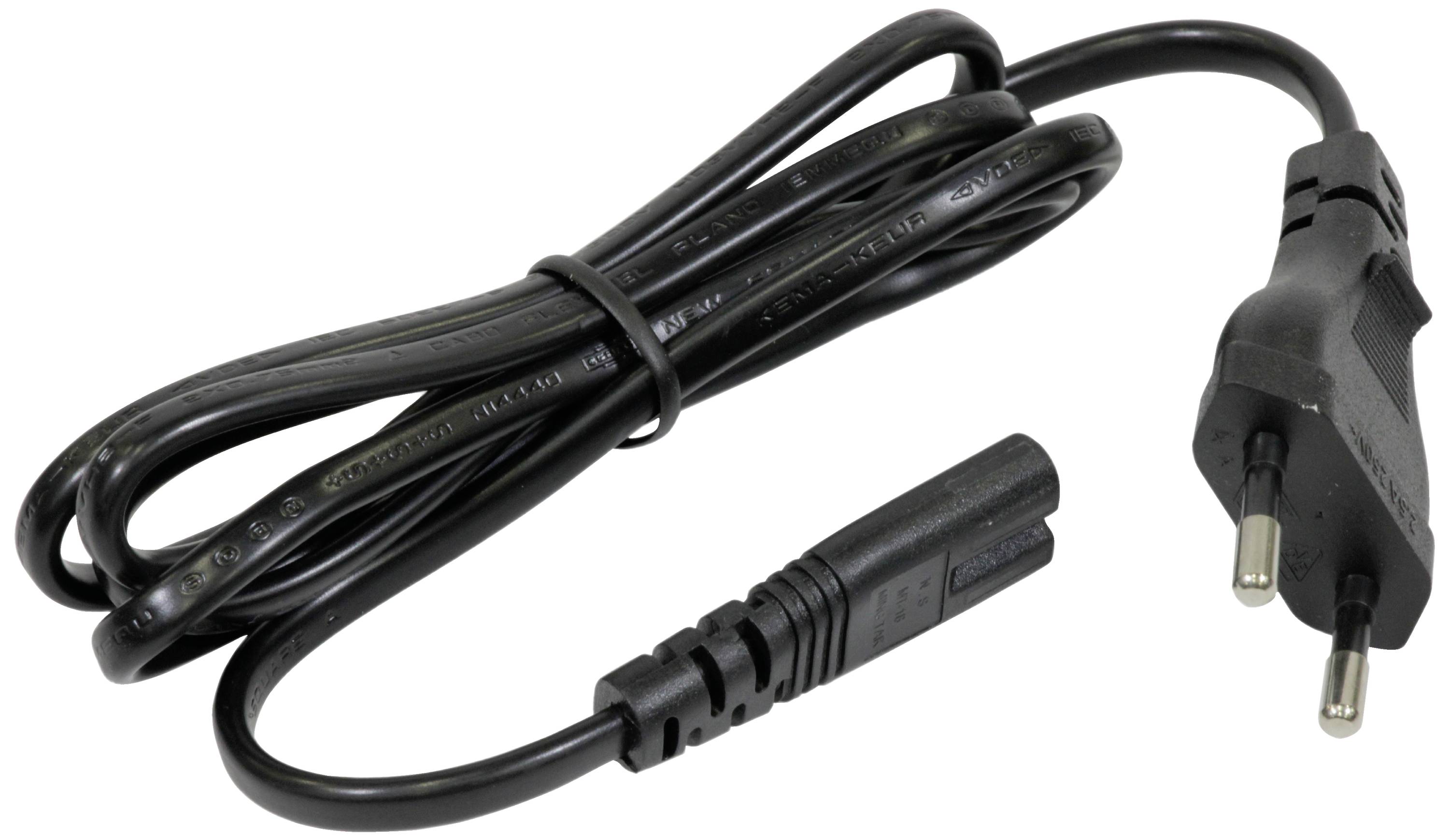 Câble réseau noir avec une fiche bipolaire européenne d'un côté et une prise C7 de l'autre, pour appareils électriques.