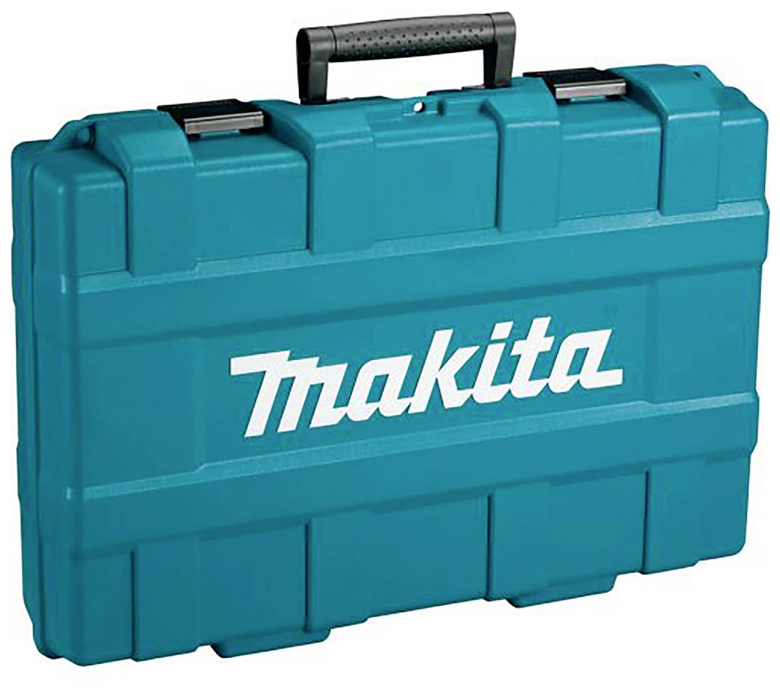 Un coffret à outils bleu avec l'inscription blanche 'Makita', en plastique robuste, doté d'une poignée noire en haut.