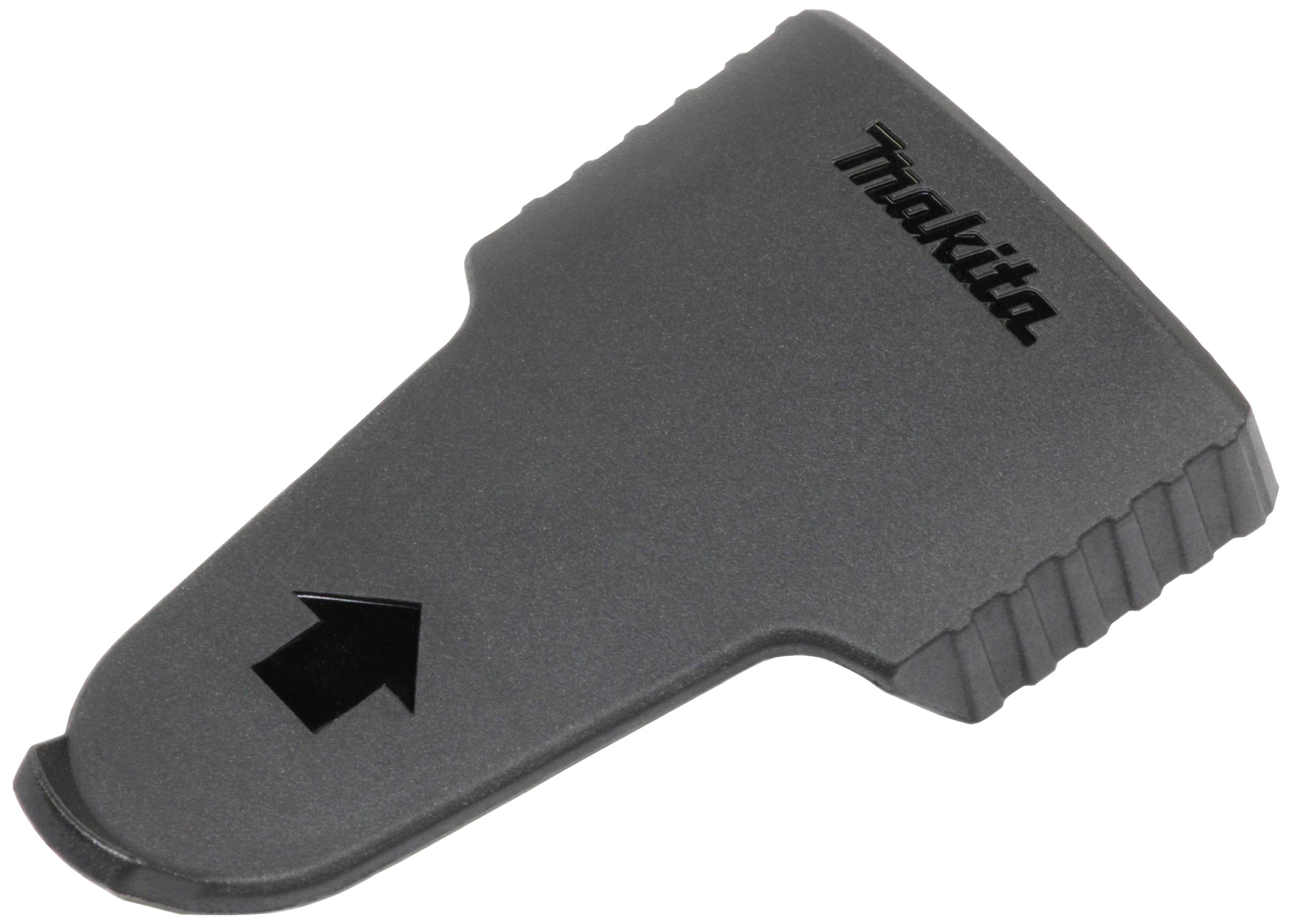 Une pièce en plastique noir portant une flèche et l'inscription « Makita ». Probablement un accessoire ou une pièce de rechange pour un outil.