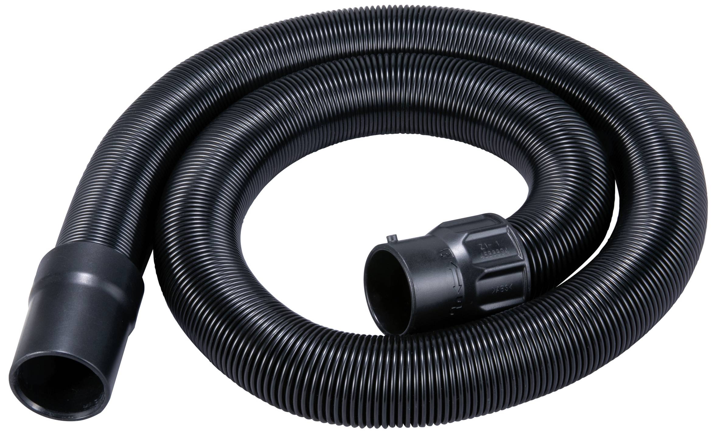 Tuyau d'aspiration noir, flexible, en plastique, à surface cannelée, adapté aux aspirateurs ou appareils similaires.