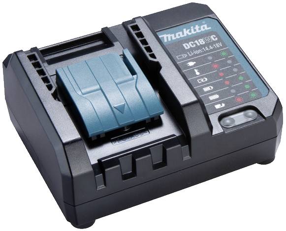 Un chargeur de batterie Makita, modèle DC18RC, avec des voyants LED indiquant l'état de charge, adapté aux batteries lithium-ion 14,4-18V.