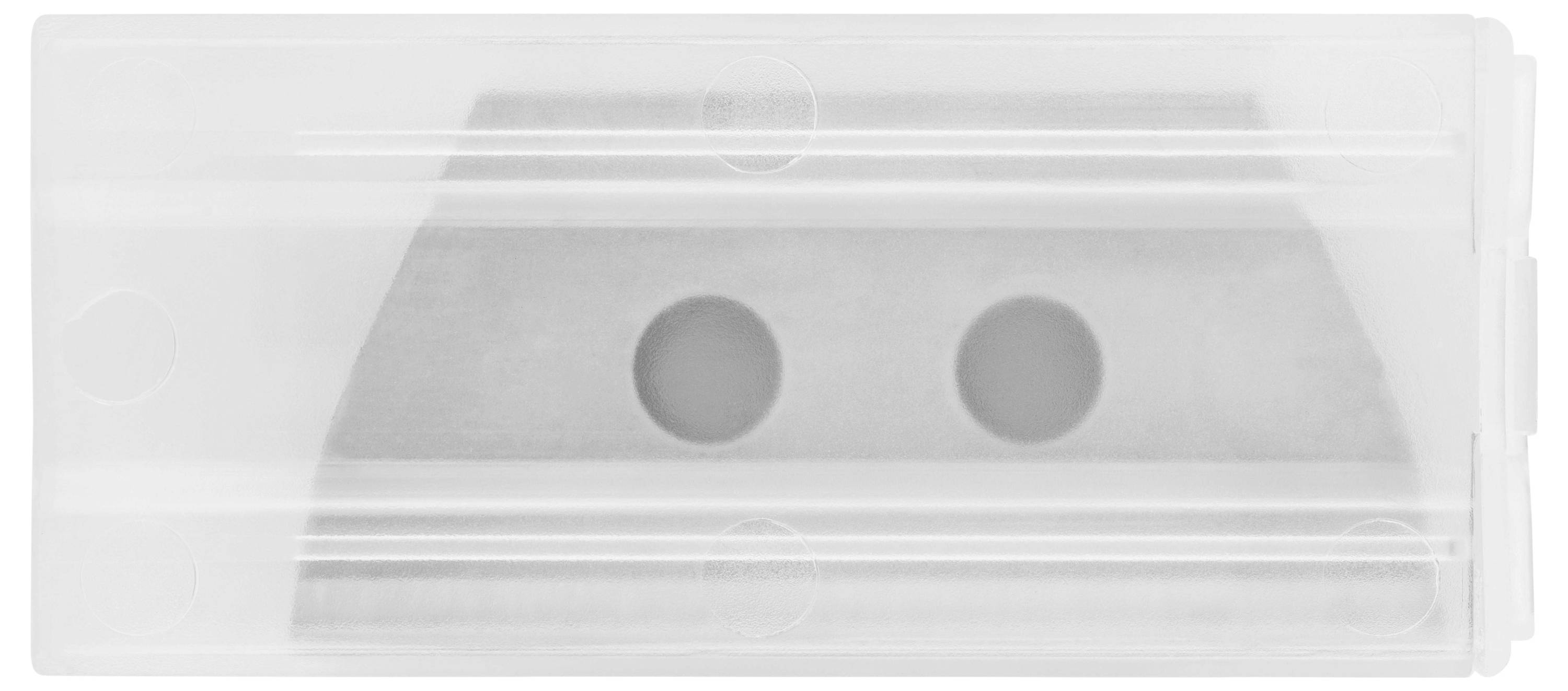 Une lame de rasoir en argent dans un boîtier de protection transparent, avec deux trous ronds au centre. Adaptée pour un rasage manuel.