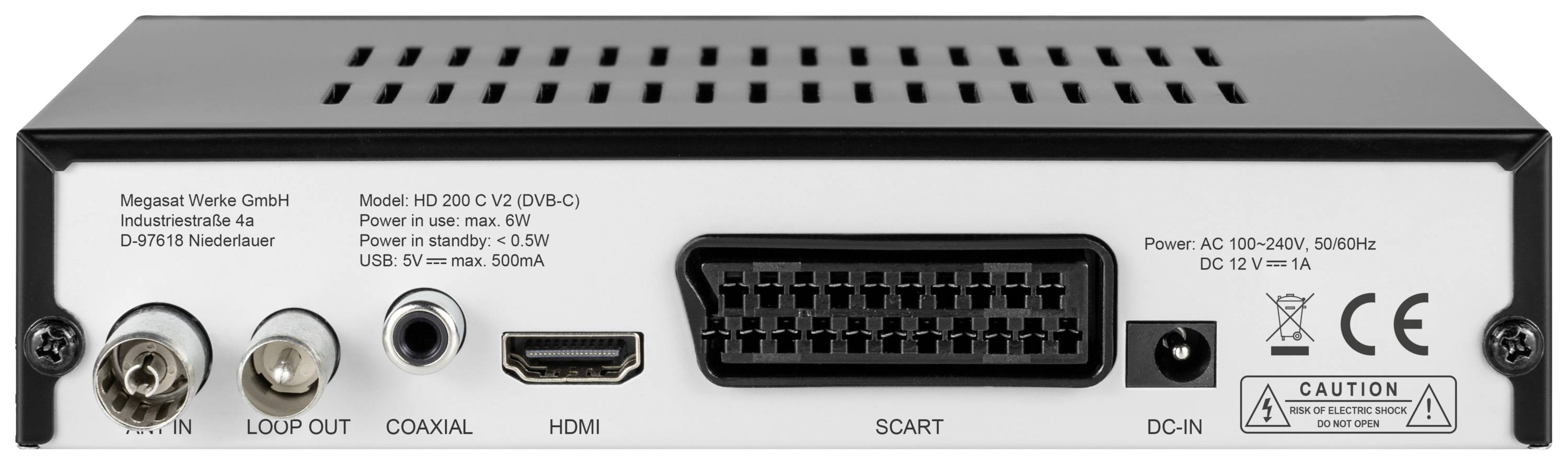 Arrière d'un récepteur DVB-C avec connexions : Antenne, Sortie Loop, Coaxial, HDMI, SCART, Connexion d'alimentation et détails réseau.