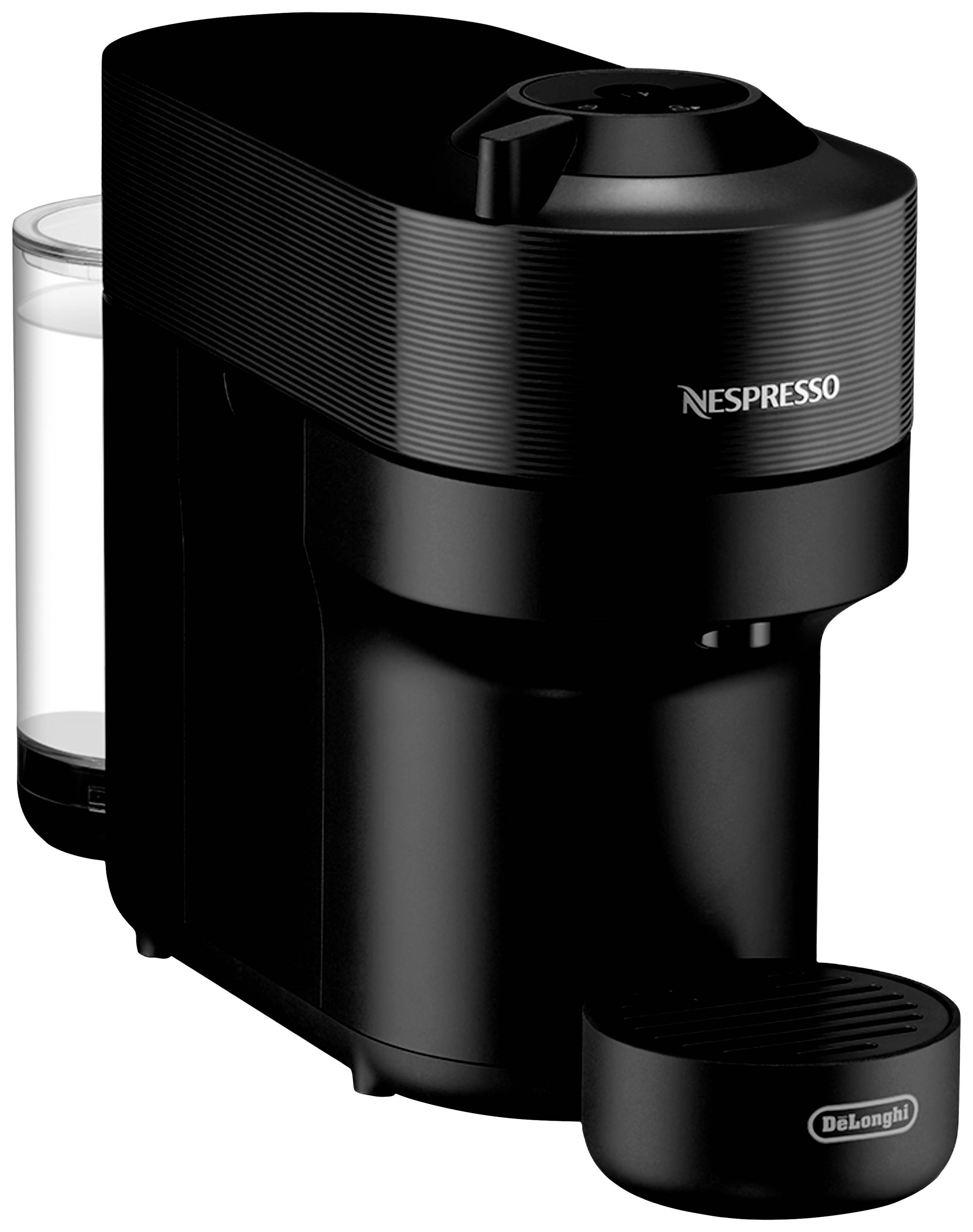 Une machine à café Nespresso noire de De'Longhi avec un réservoir d'eau transparent sur le côté gauche.