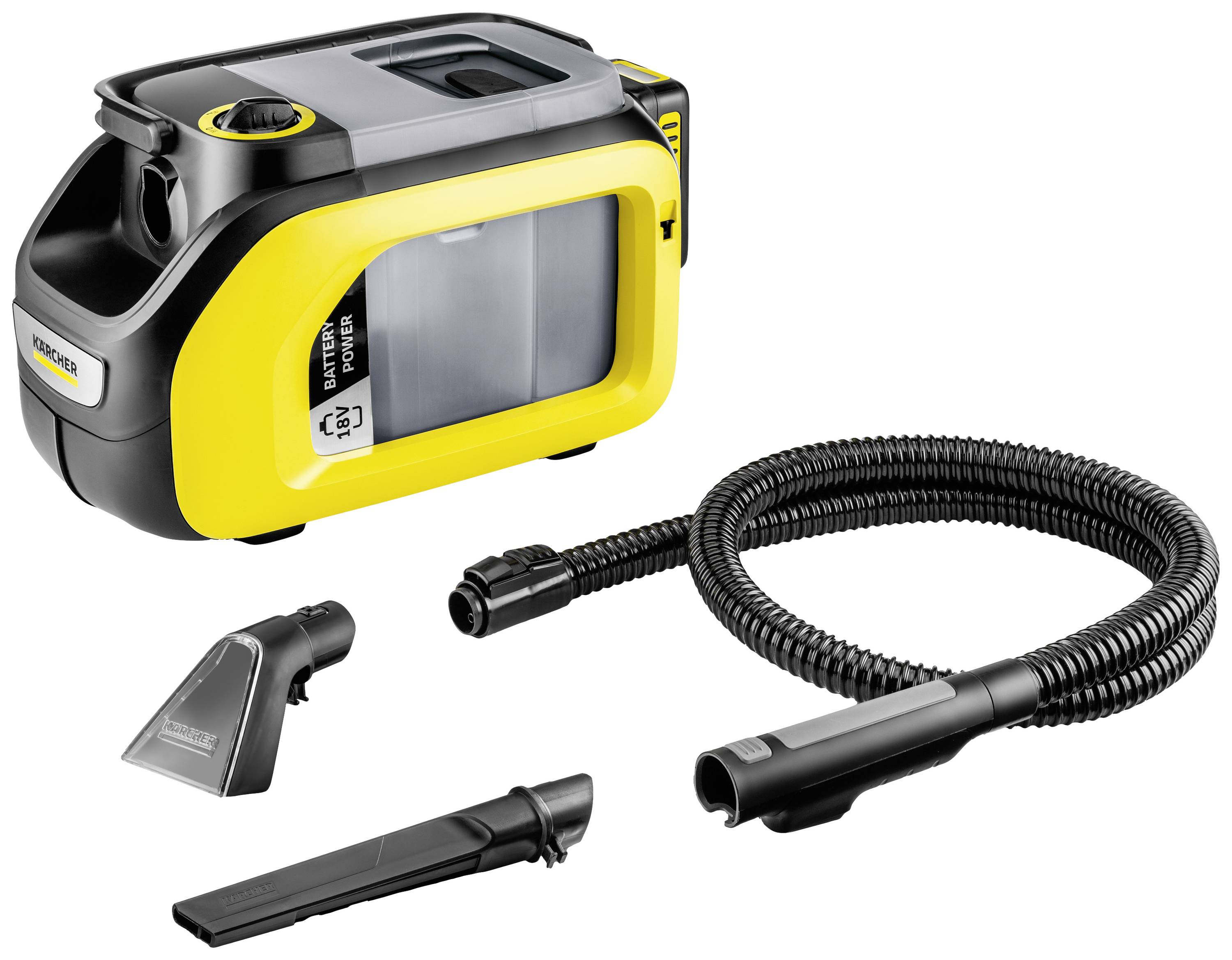 Un aspirateur de lavage jaune avec un réservoir d'eau transparent, un tuyau d'aspiration noir et trois buses différentes pour des applications polyvalentes.