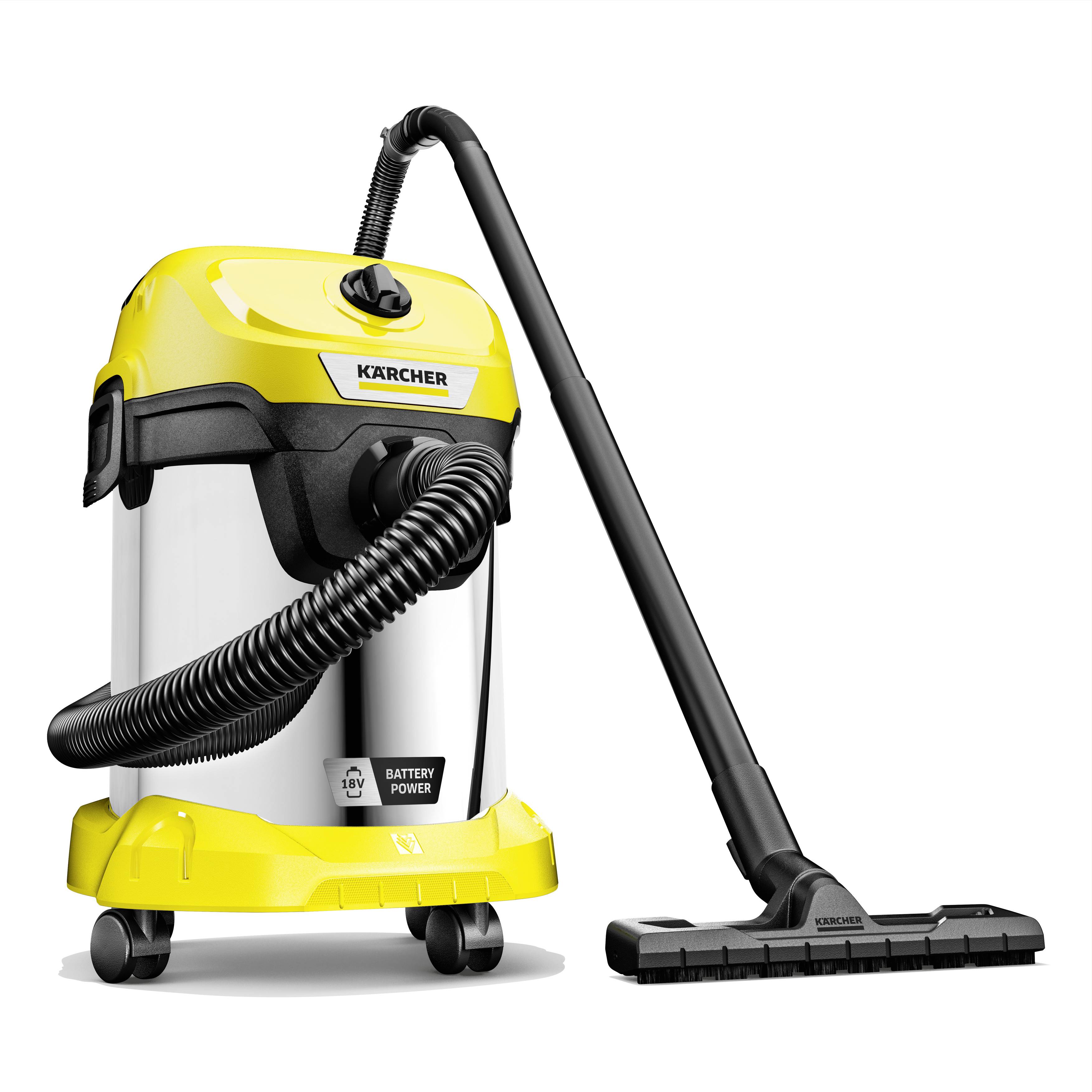 Aspirateur eau/poussière jaune et argenté avec un tuyau noir et une buse de sol, reposant sur de petites roulettes.