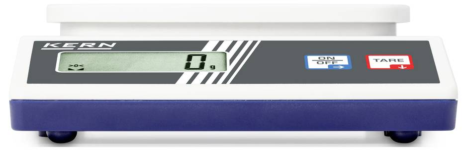 Balance électronique avec affichage numérique. Indique « 0 g ». Touches de mise en marche/arrêt et de tarage disponibles. Nom de marque 'Kern' en haut à gauche.