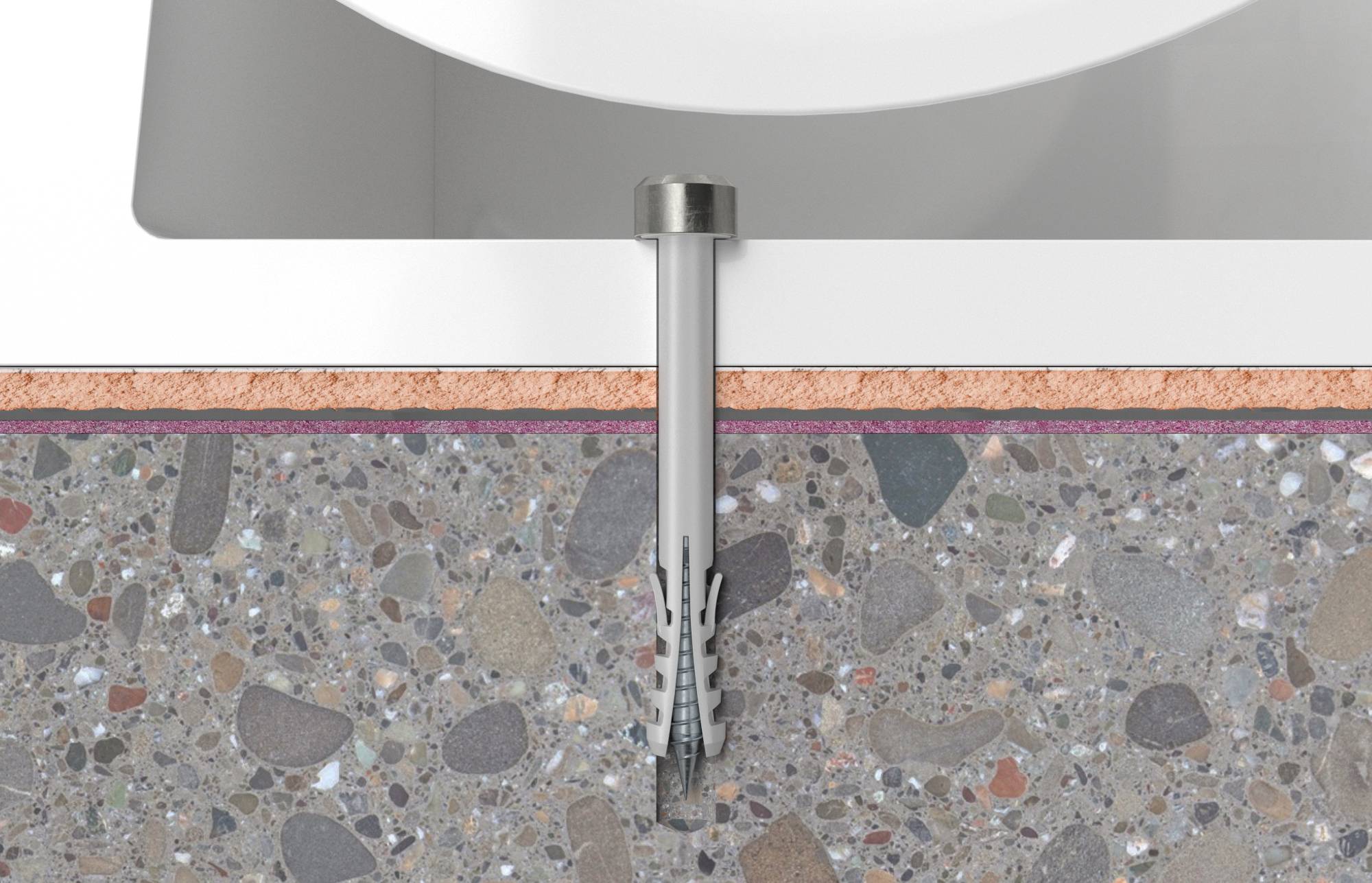 Cutaway of a sink drain anchor inserted into a drilled hole in a terrazzo countertop, showing the metal fastener secured beneath the surface.
