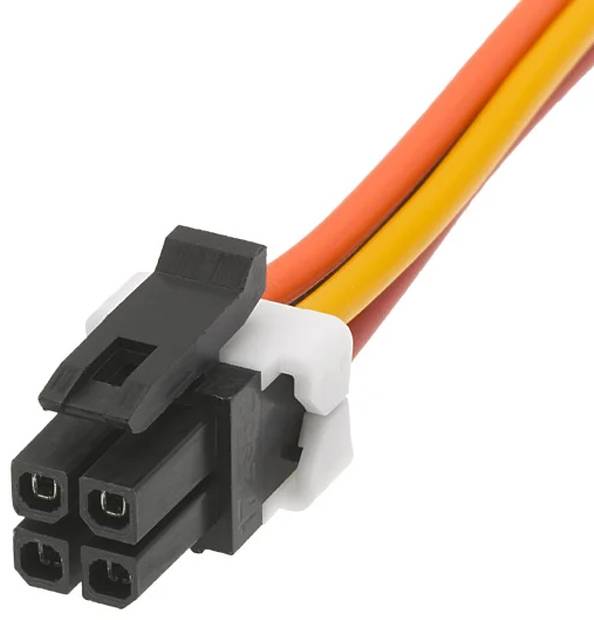 A black and white Molex power connector with red, orange, and yellow wires, commonly used for connecting internal computer components.