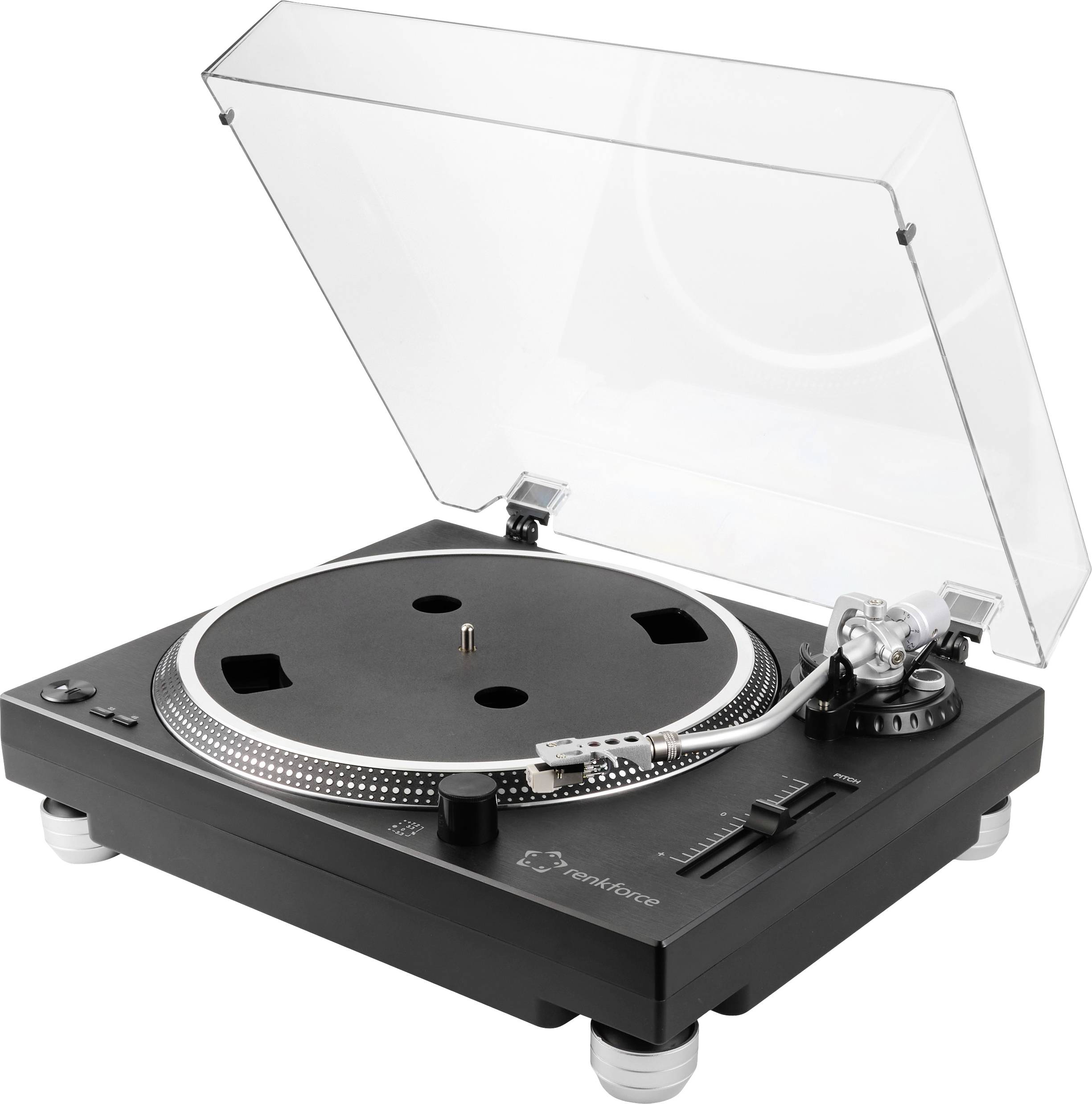 Tourne-disque avec couvercle transparent, base noire et bras de lecture à droite. Plateau sans disque vinyle.