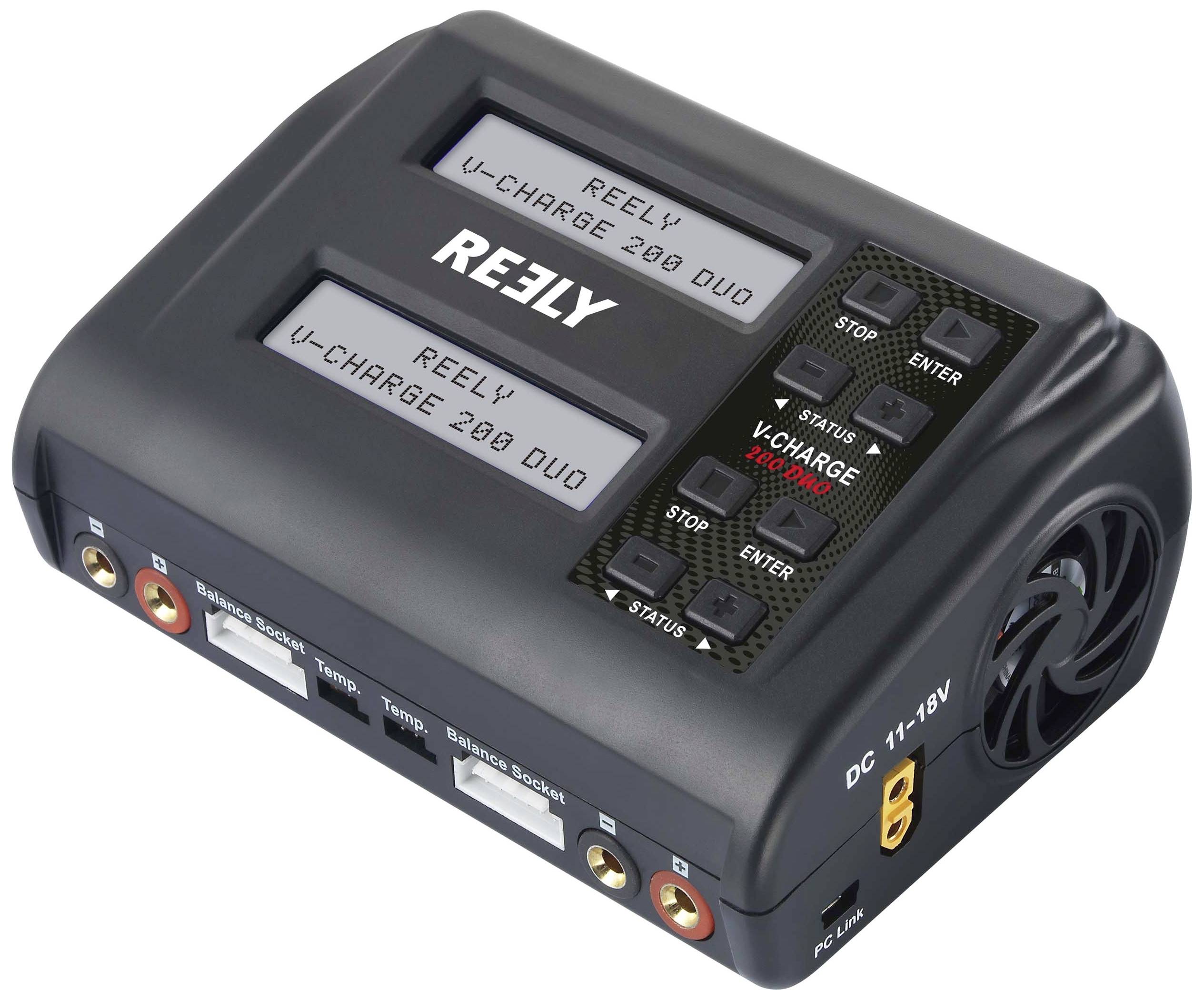 'Chargeur noir rectangulaire portant l'inscription Reely V-Charge 200 Duo, avec deux écrans et plusieurs touches de fonction.'