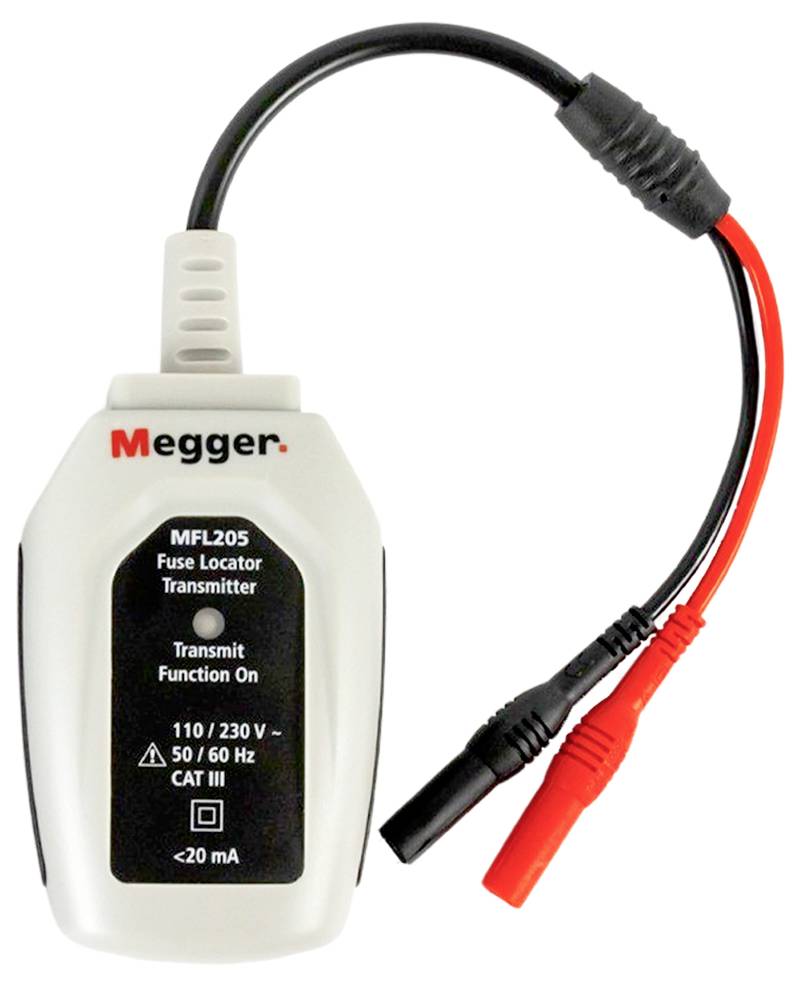 Appareil de test électrique Megger, modèle MFL205, pour la localisation de fusibles. Des câbles noir et rouge sont connectés.