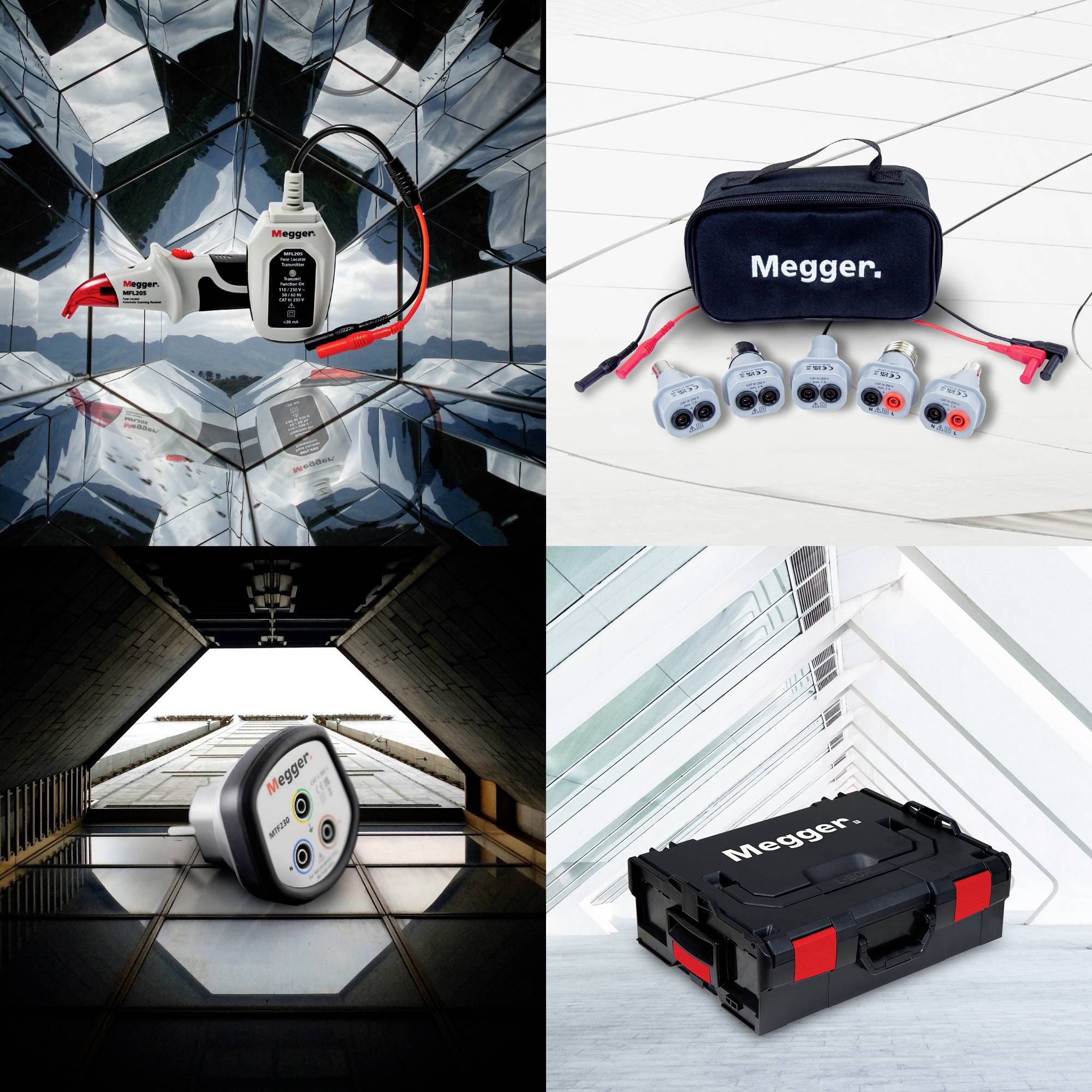 Quatre images présentent des appareils de test et des accessoires d'un fabricant sur des surfaces réfléchissantes. Une image met en valeur un sac à outils noir.