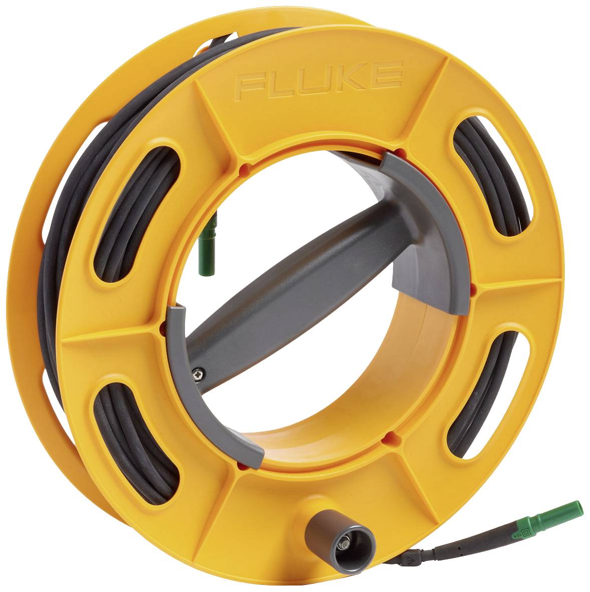 Tambour de câble orange avec câble noir, poignée au centre ; sert à ranger et transporter des câbles de manière organisée.