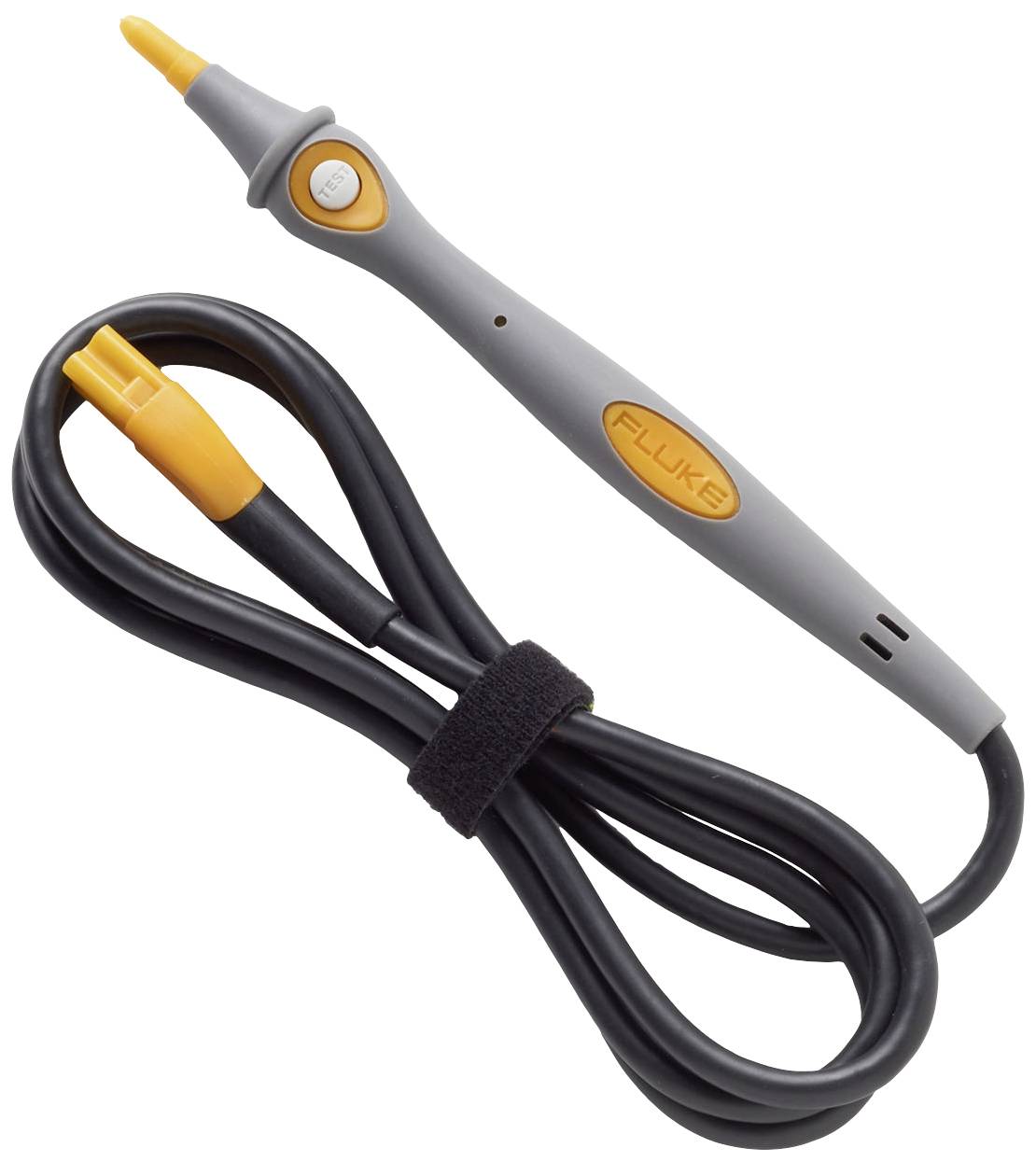 Long appareil de mesure gris avec une tête et un bouton orange. Câble noir attaché avec une bande auto-agrippante.