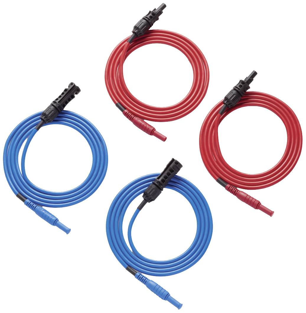 Quatre câbles, deux rouges et deux bleus, munis chacun de fiches noires aux extrémités, disposés en forme de cercle.