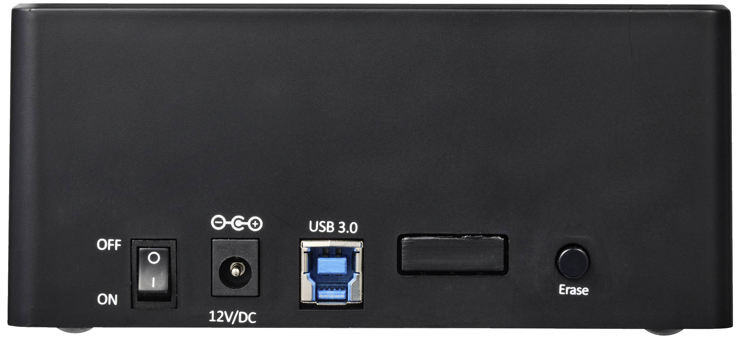 Vue arrière d'un appareil avec des interrupteurs et des connexions : interrupteur Marche/Arrêt, entrée 12V CC, port USB 3.0, bouton d'effacement.