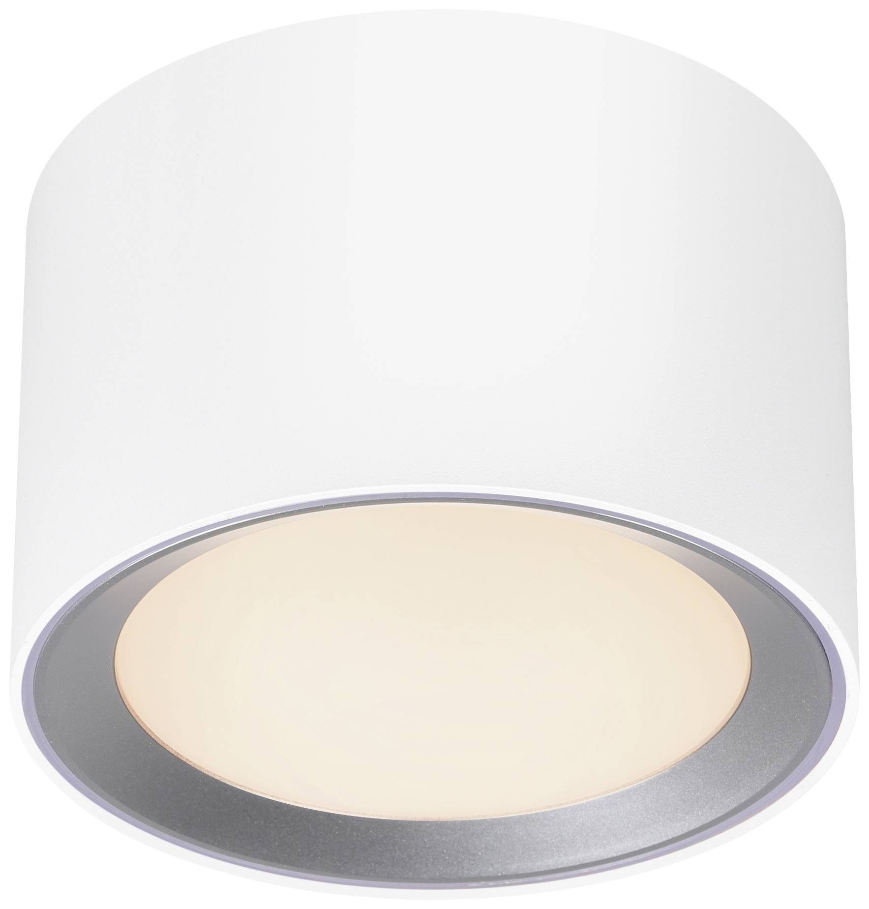 Luminaire de plafond cylindrique blanc équipé d'un module LED à la base, diffusant une lumière chaleureuse.