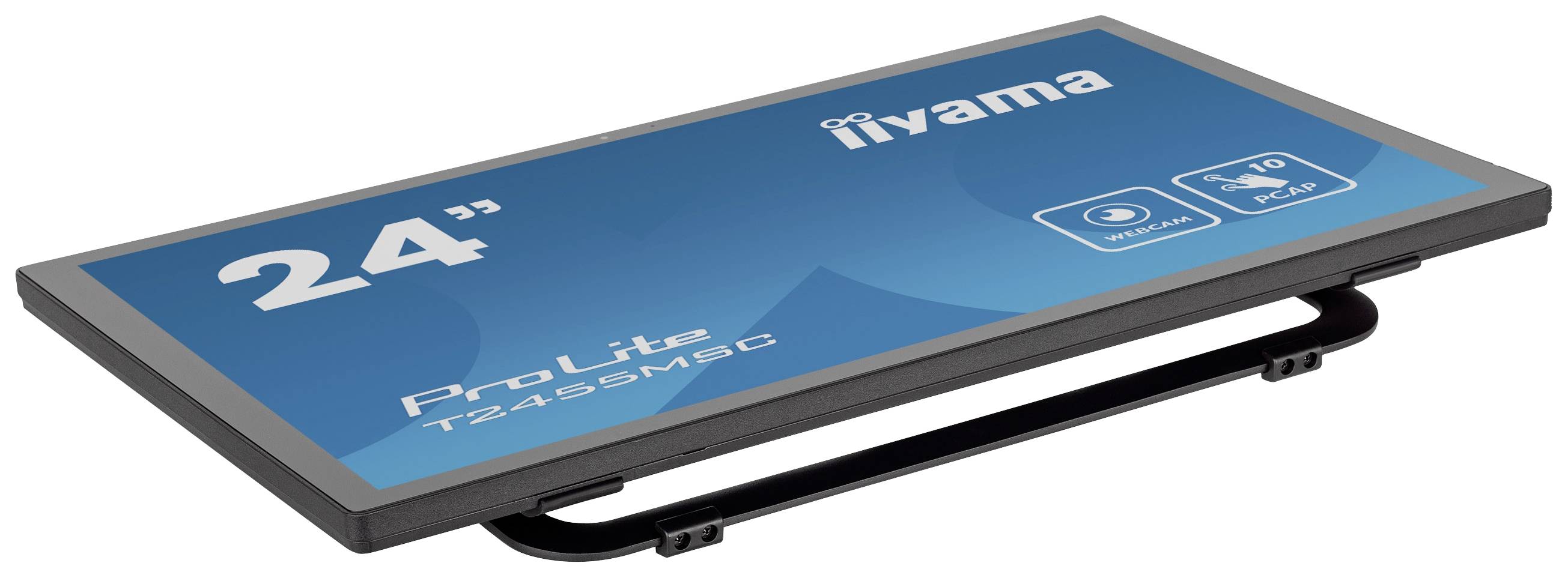 Un moniteur Iiyama ProLite T2454MSC de 24 pouces est posé sur la table. L'écran affiche le logo, la taille de l'écran, les symboles infrarouges et multi-touch 10 points.