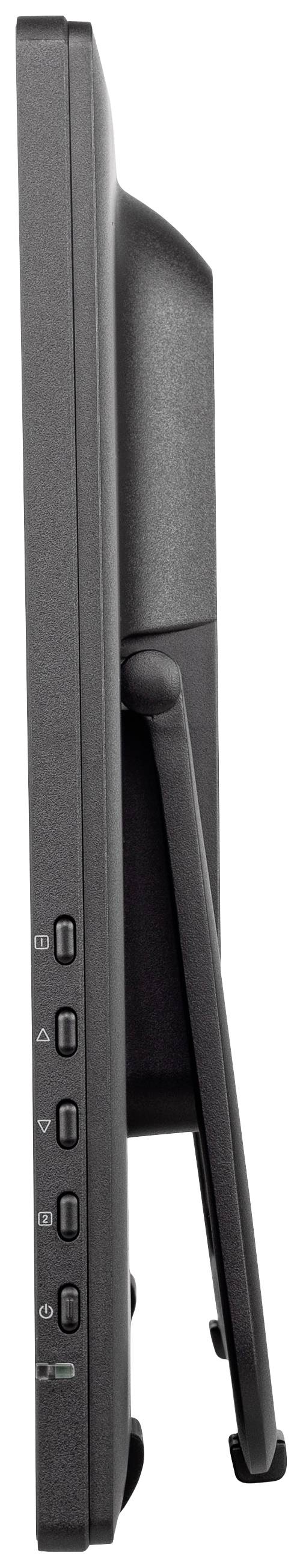 Vue latérale d'un moniteur d'ordinateur noir avec plusieurs ports USB et un support de maintien.