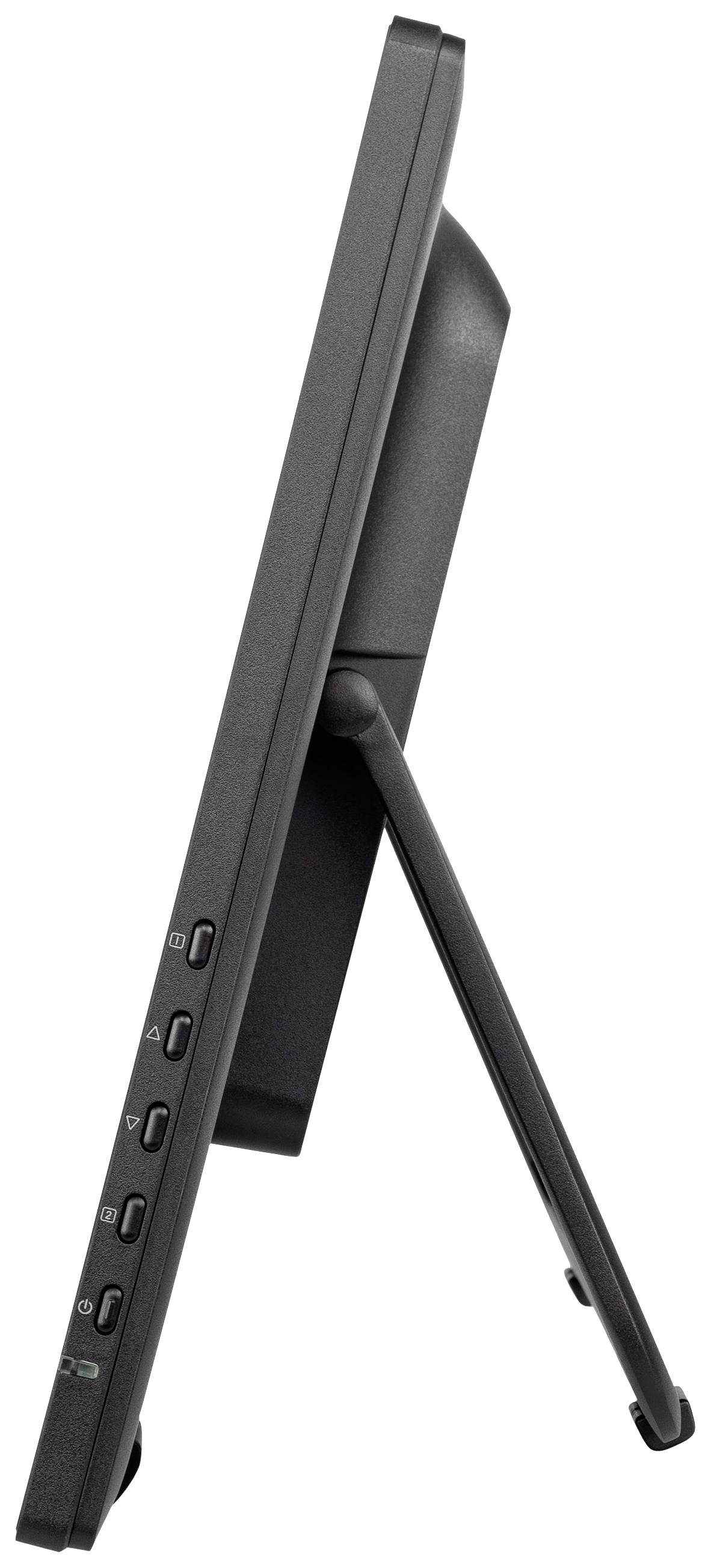 Vue latérale d'un écran d'ordinateur noir avec socle, plusieurs boutons sur le côté et un design élégant.