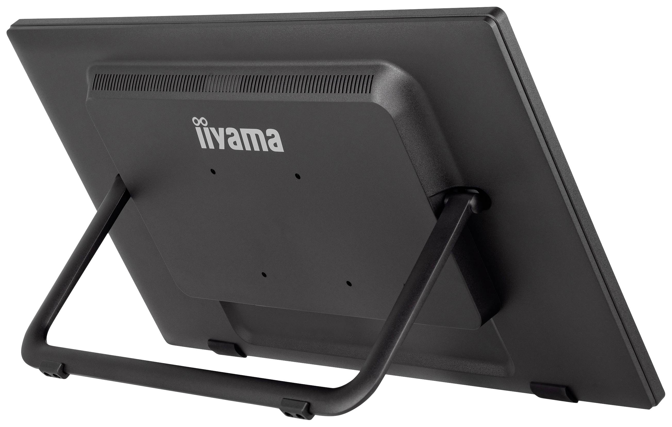 Un moniteur iiyama noir vu de dos avec un support stylisé pour être placé sur une table.