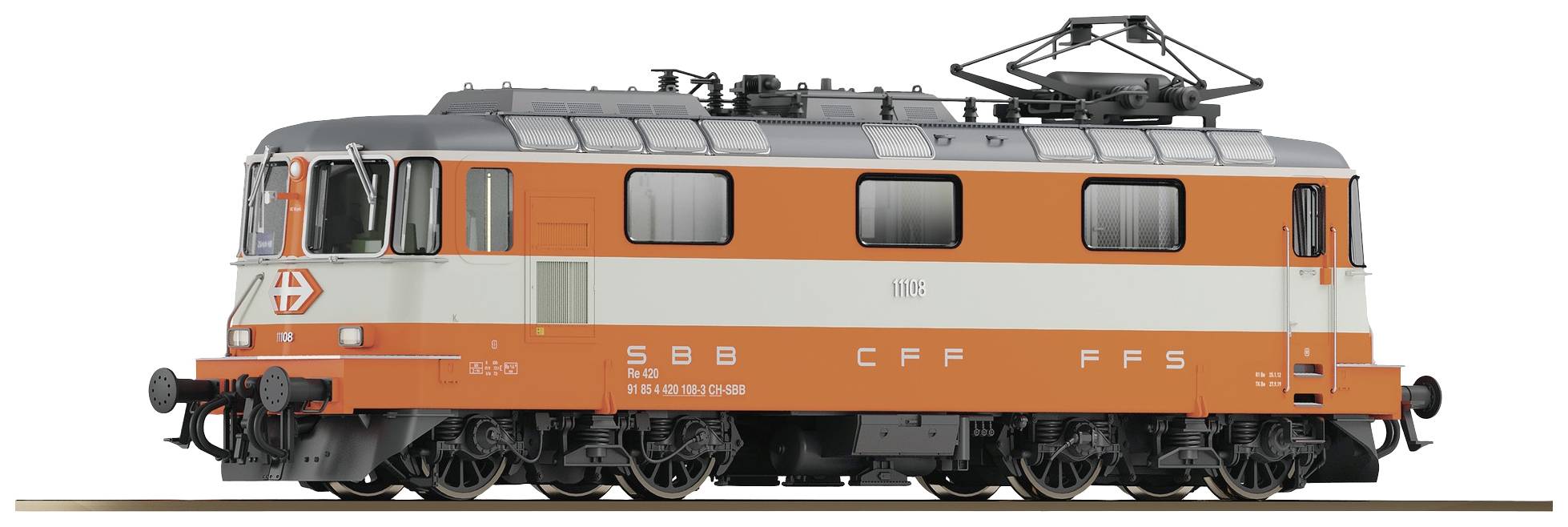 Locomotive électrique des Chemins de fer fédéraux suisses, peinte en orange et blanc, vue de profil sur fond blanc.