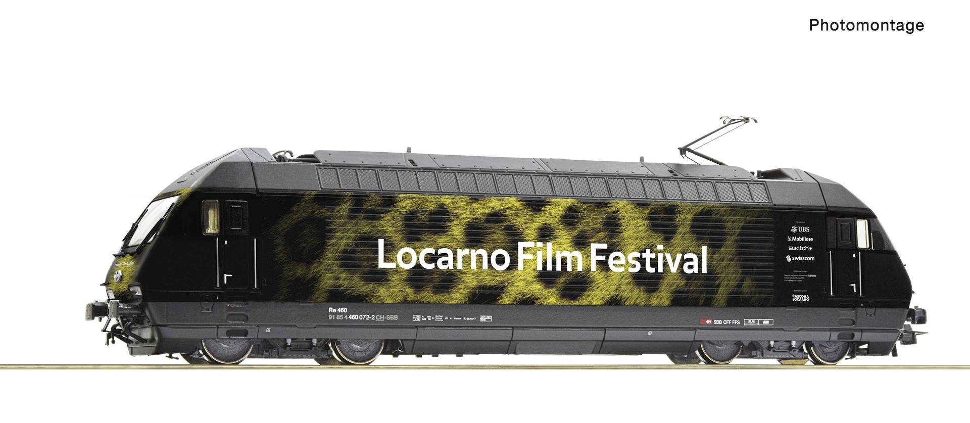 Locomotive avec l'inscription 'Locarno Film Festival' et motif de léopard sur le côté, symbole de créativité et de culture cinématographique.