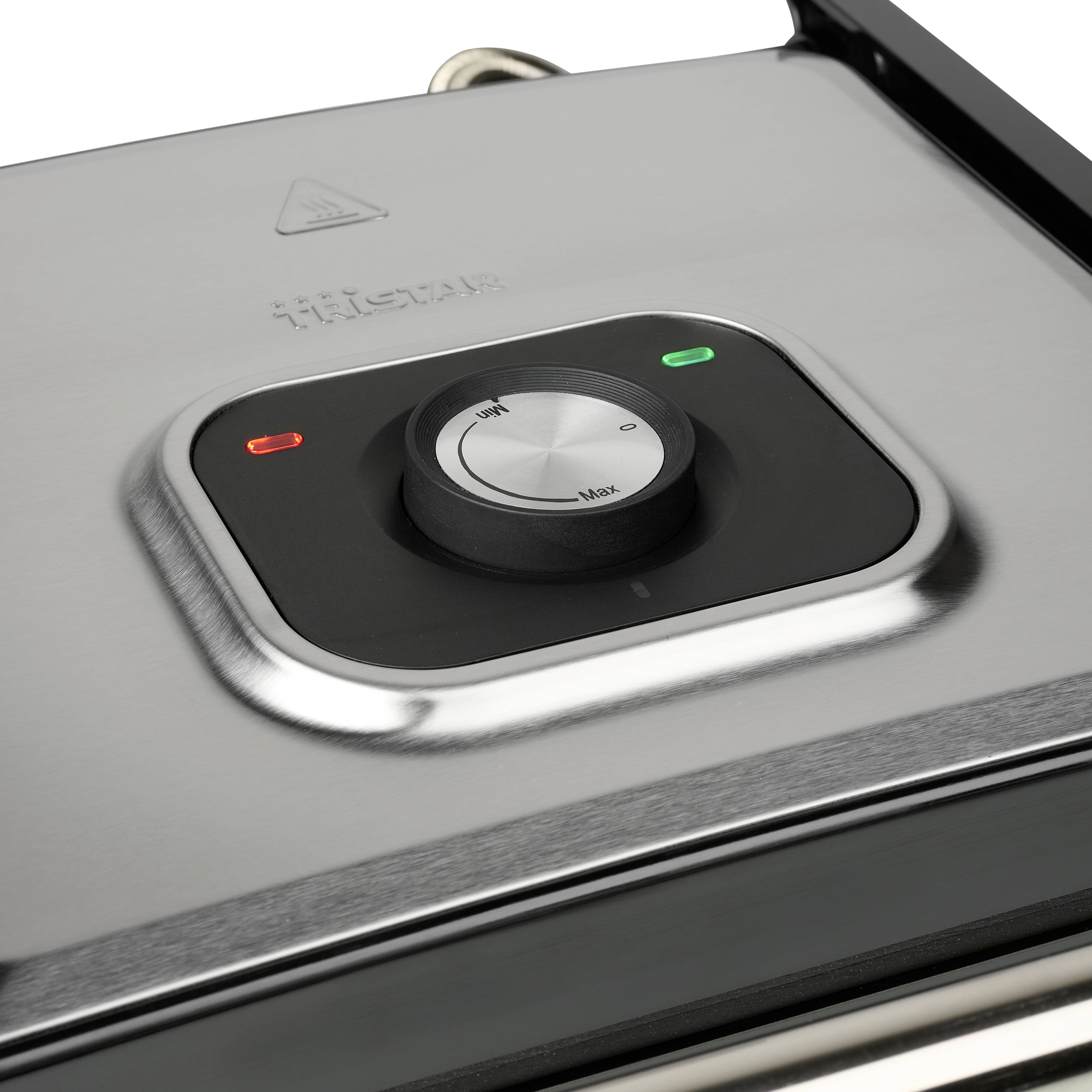 Une image détaillée d'un grill électrique montre le réglage de la température avec un bouton rotatif et un voyant lumineux.