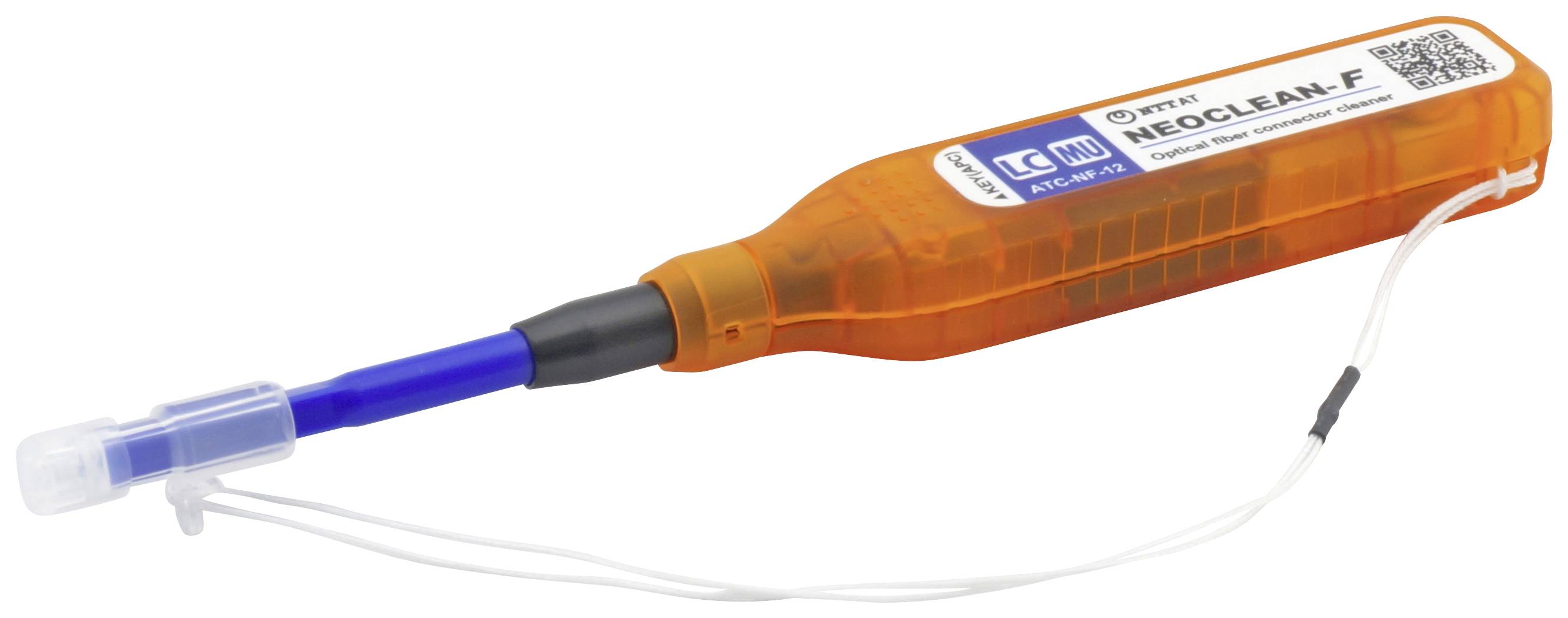 Outil de nettoyage de fibres optiques avec boîtier orange et pointe bleue pour nettoyer les connecteurs à fibre optique, éliminant la poussière et les saletés.