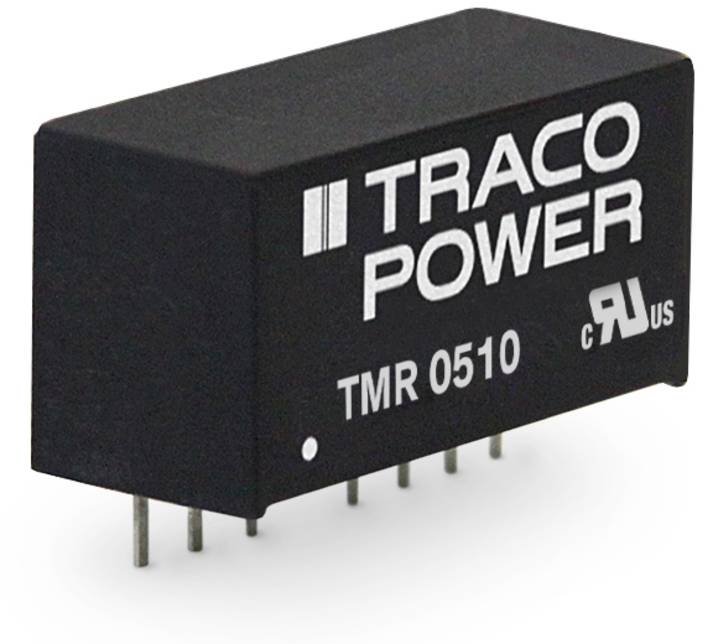 Convertisseur de tension Traco Power noir TMR 0510 avec huit broches métalliques, pour une utilisation dans des appareils électroniques.