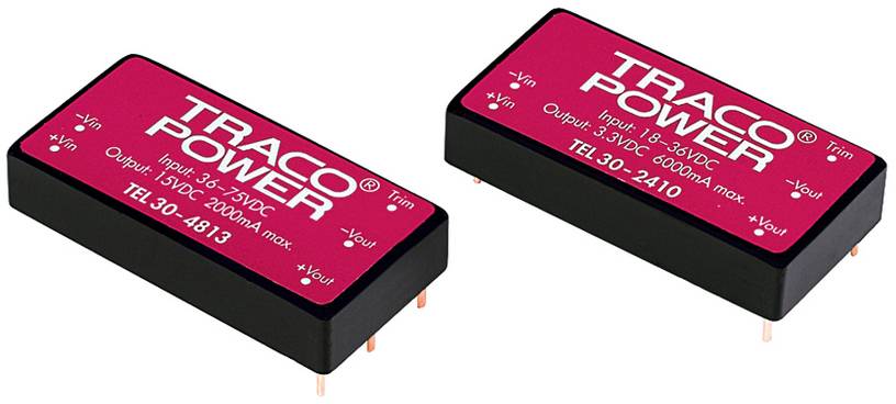 'Deux modules TRACO POWER, à gauche : TEL 30-4813, à droite : TEL 30-2410, tous deux avec indications des tensions d'entrée/sortie et des intensités de courant.'