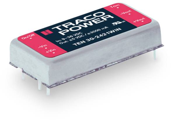 Convertisseur de tension continue avec inscription 'TRACO POWER' sur fond rouge, modèle TEN 30-2421WIN, montrant les tensions d'entrée et de sortie.