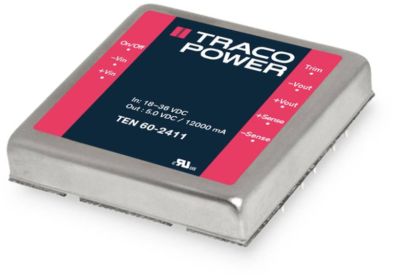 Boîtier métallique d'un convertisseur de tension portant l'inscription 'TRACO POWER'. Affiche les tensions d'entrée et de sortie ainsi que le numéro de modèle.