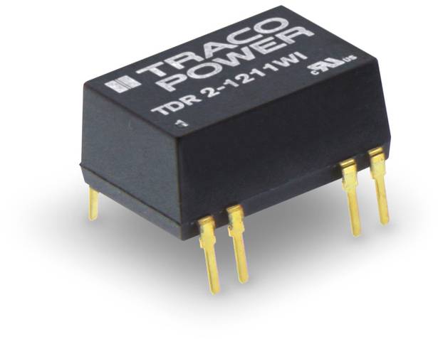 'TRACO POWER' Module convertisseur de tension avec six broches dorées. Modèle 'TDR 2-1211WI'. Boîtier noir, forme compacte.