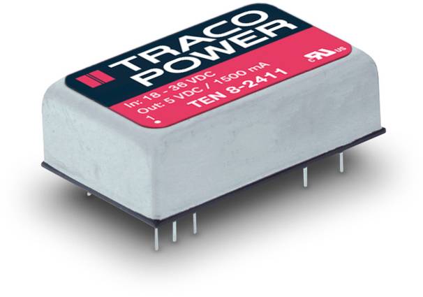 Un module rectangulaire portant l'inscription 'TRACO POWER', spécifié pour une entrée de 18-36 VDC et une sortie de 5V DC, 1500 mA.