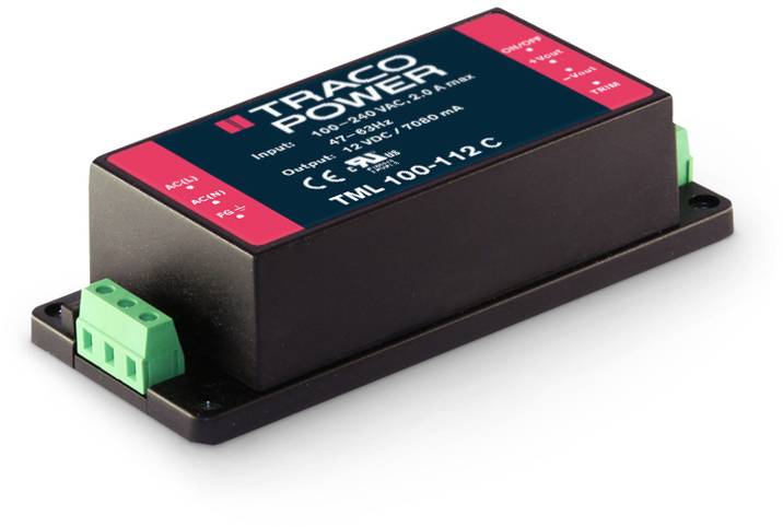 Un module de tension rectangulaire noir avec des bornes de connexion vertes sur le côté. Le logo Traco Power et les spécifications sont situés en haut.